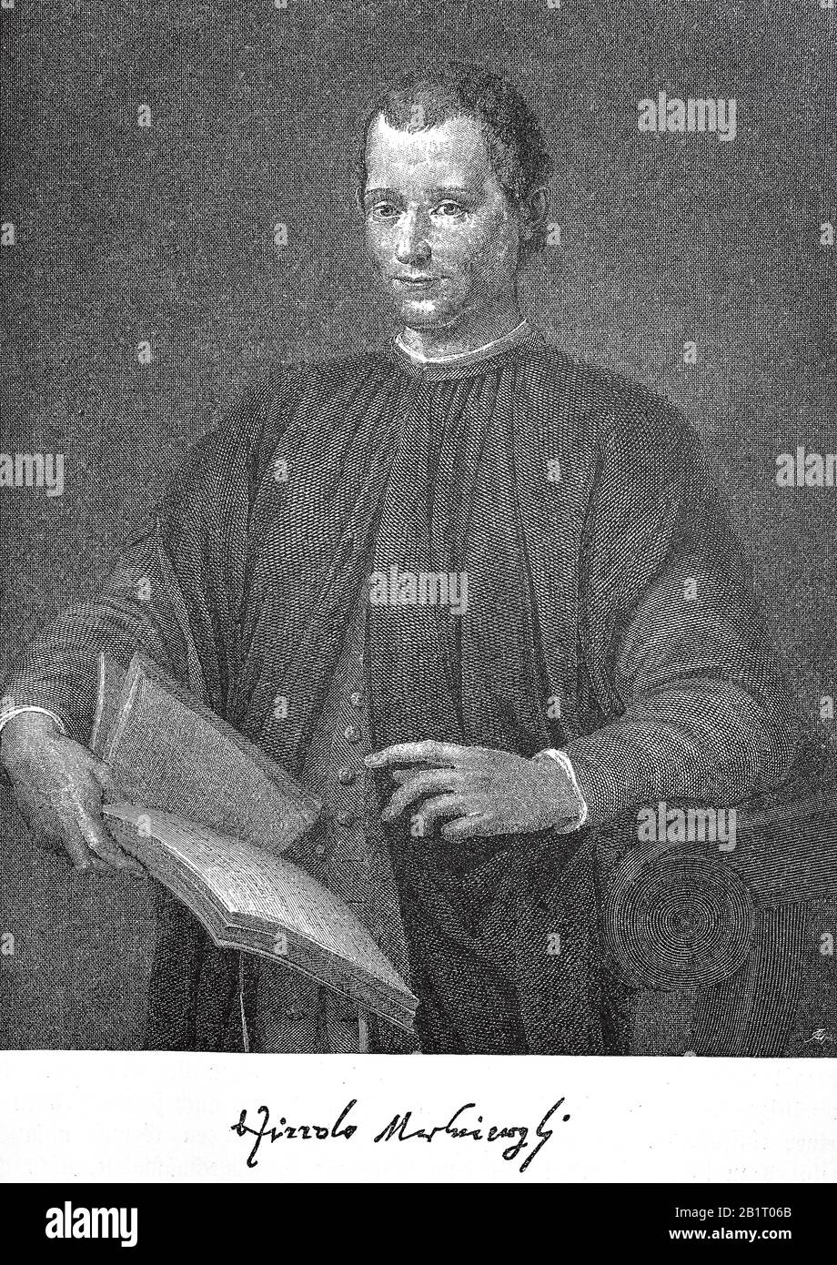 Niccolo di Bernardo dei Machiavelli, 3 maggio 1469 - 21 giugno 1527, è stato un diplomatico, politico, storico, filosofo, scrittore, drammaturgo e poeta del periodo rinascimentale / Niccolo di Bernardo dei Machiavelli, 3. Maggio 1469 - 21. Juni 1527, War ein italienischer Diplomat, Politiker, Historiker, Philosofi, Schriftsteller, Dramatiker und Dichter der Renaissance, Historisch, riproduzione digitale migliorata di un originale del 19th secolo / digitale Reproduktion einer Originallage voraus dem 19. Jahrhundert Foto Stock