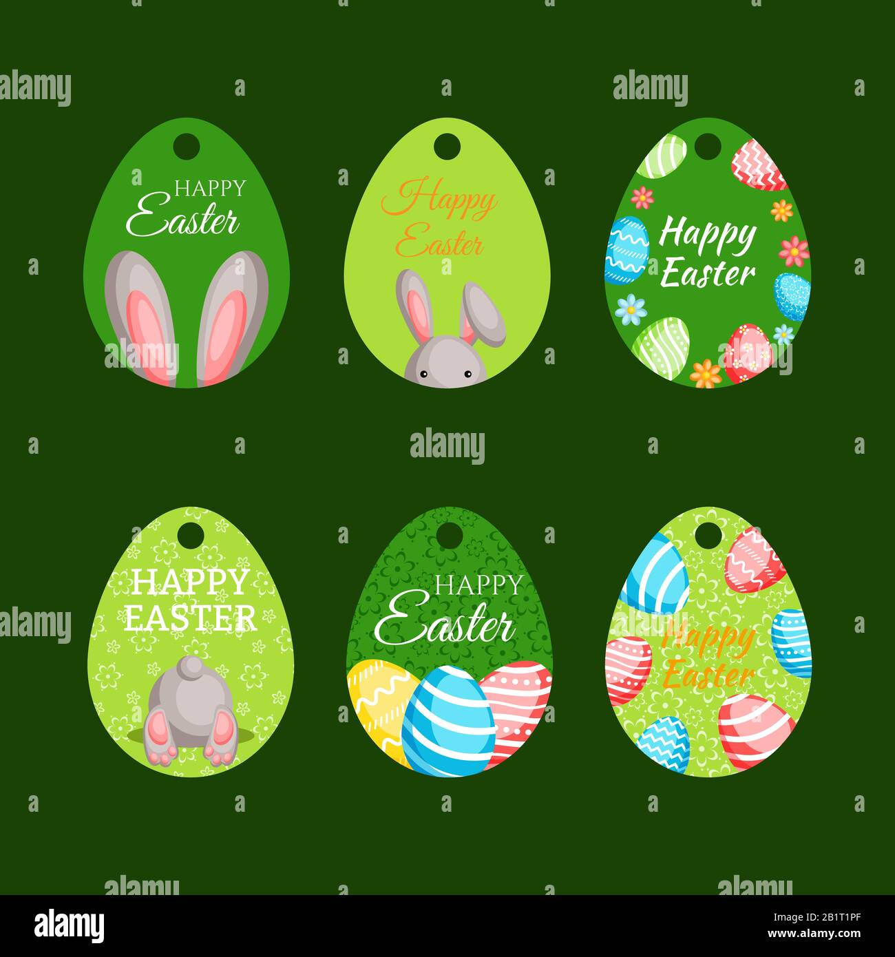Happy Easter vendita tag con coniglietti e uova colorate. Le etichette delle festività impostano illustrazioni vettoriali. Illustrazione Vettoriale