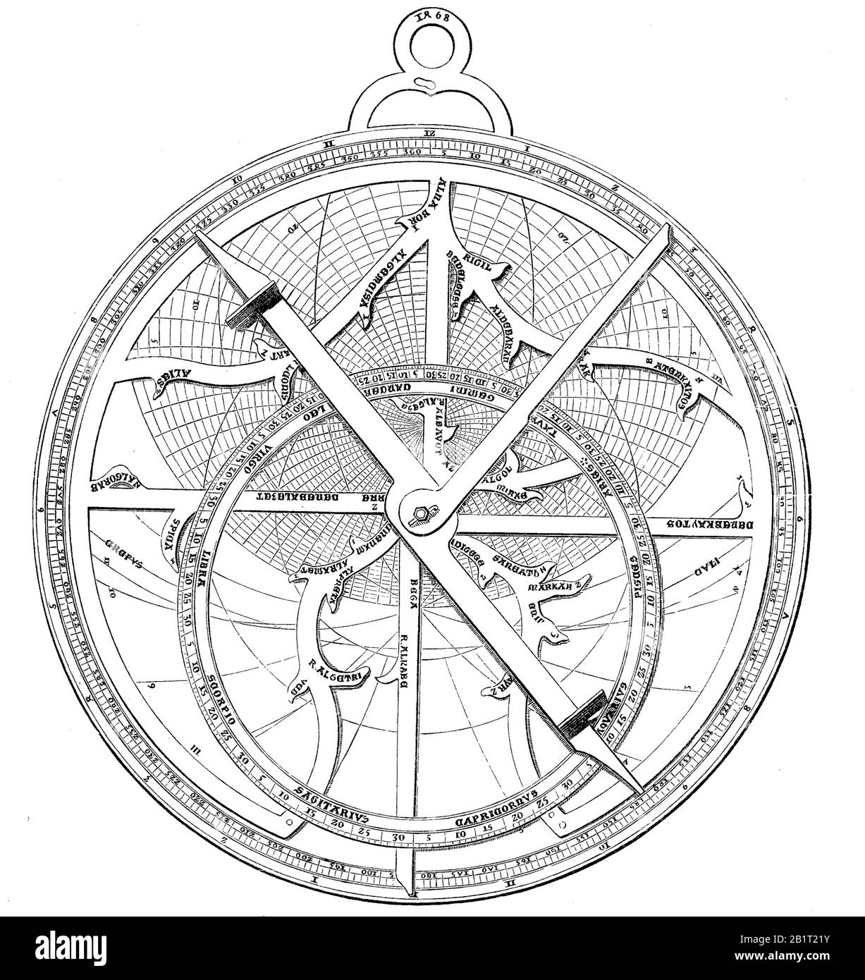 L'astrolabio del Regiomontanus, Johannes Müller von Königsberg, 1436 - 1476, meglio conosciuto come Regiomontanu, era un matematico, astrologo e astronomo del Rinascimento tedesco / Astrolabio, Planisphärum, ein scheibenförmiges astronomisches Instrument, des Regiomontanus, Johannes Müller von Königsberg, 1436 - 1476, besser bekannals t Regitanu, Mathemateu war, Mathemateu Astrologe und Astronom der deutschen Renaissance, Historisch, digitale migliorata riproduzione di un originale del 19th secolo / digitale Reproduktion einer Originalvorlage aus dem 19. Jahrhundert Foto Stock