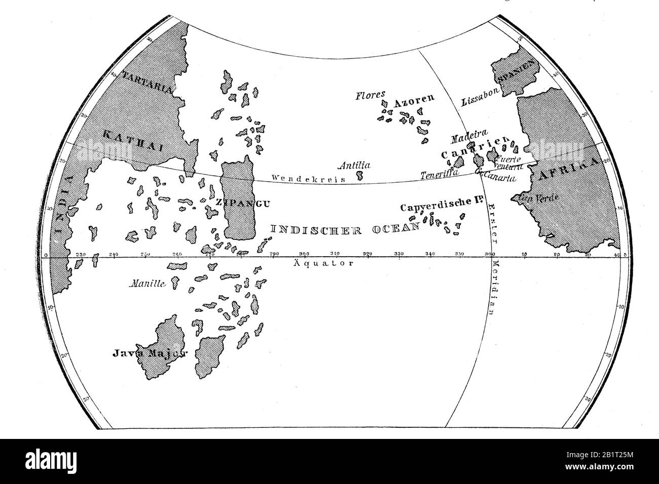 La mappa mondiale di Toscanelli, Paolo dal Pozzo Toscanelli, 1397 - 1482 fu astrologo italiano, matematico, E cosmografo / Die Weltkarte nach Toscanelli, Paolo dal Pozzo Toscanelli, ein italienischer Arzt, Mathematiker, Astronom und Kartograf, Historisch, Digital migliorata riproduzione di un originale del 19th secolo / digitale Reproduktion einer Originalvorlage dem aus 19. Jahrhundert Foto Stock