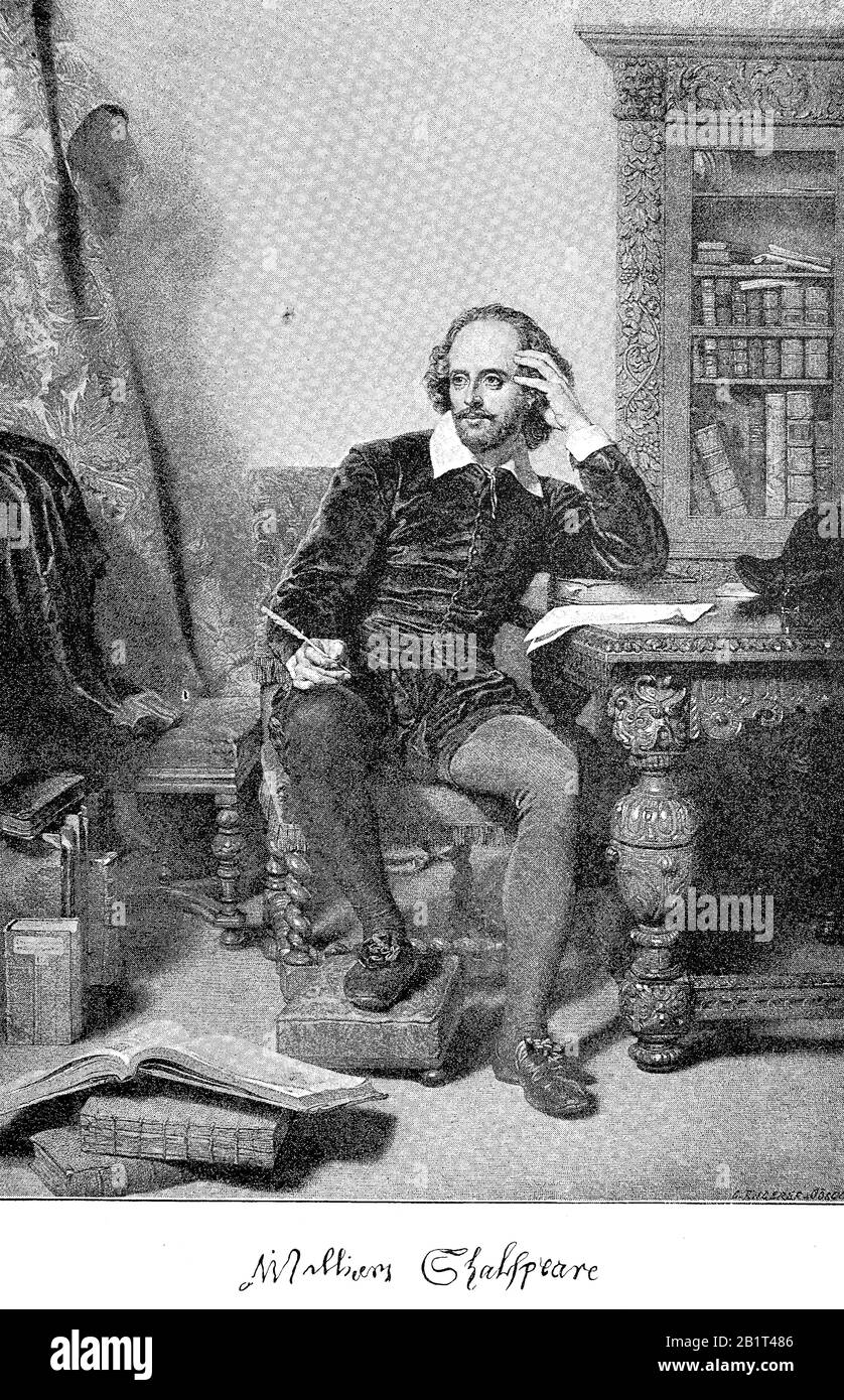 William Shakespeare, 26 aprile 1564 - 23 aprile 1616, un poeta inglese, drammaturgo e attore, nel suo ufficio / William Shakespeare, 26. Aprile 1564 - 23. Aprile 1616, ein englischer Dichter, Dramatiker und Schauspieler in seinem Büro, Historisch, digitale migliorata riproduzione di un originale dal 19th secolo / digitale Reproduktion einer Originalvorlage aus dem 19. Jahrhundert Foto Stock