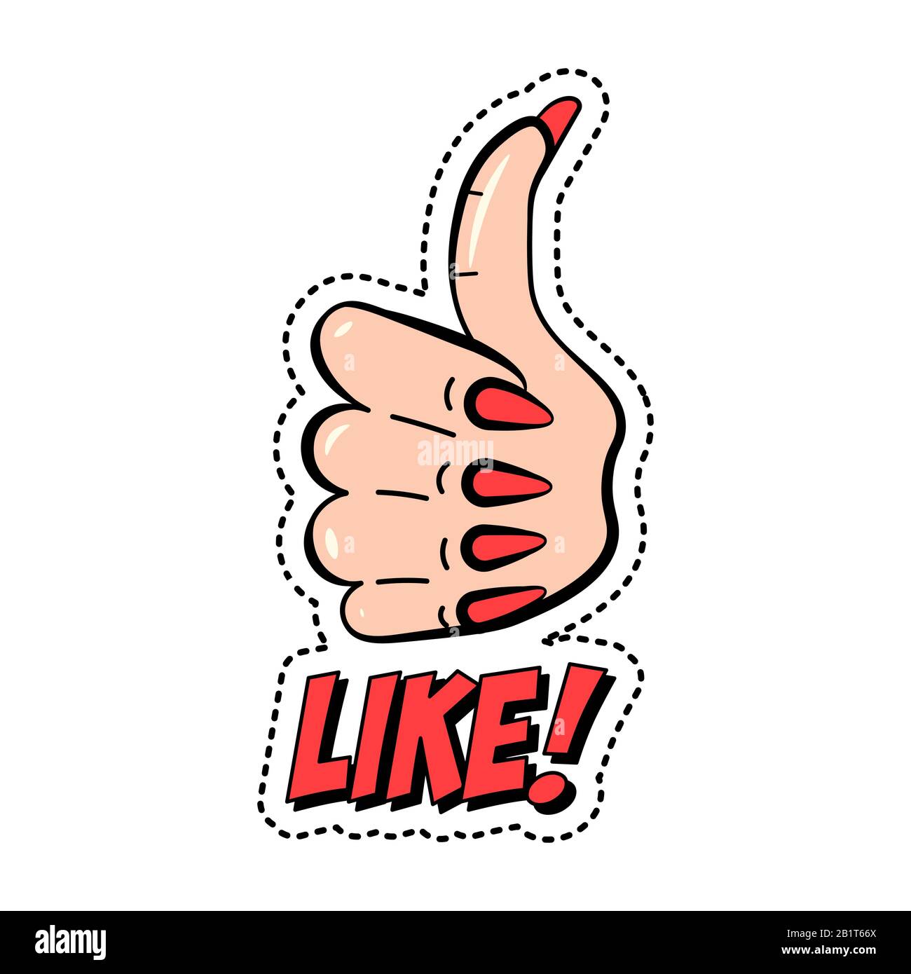 Come, adesivo colorato moda con pollice su e testo, badge trendy patch, illustrazione vettoriale. Illustrazione Vettoriale