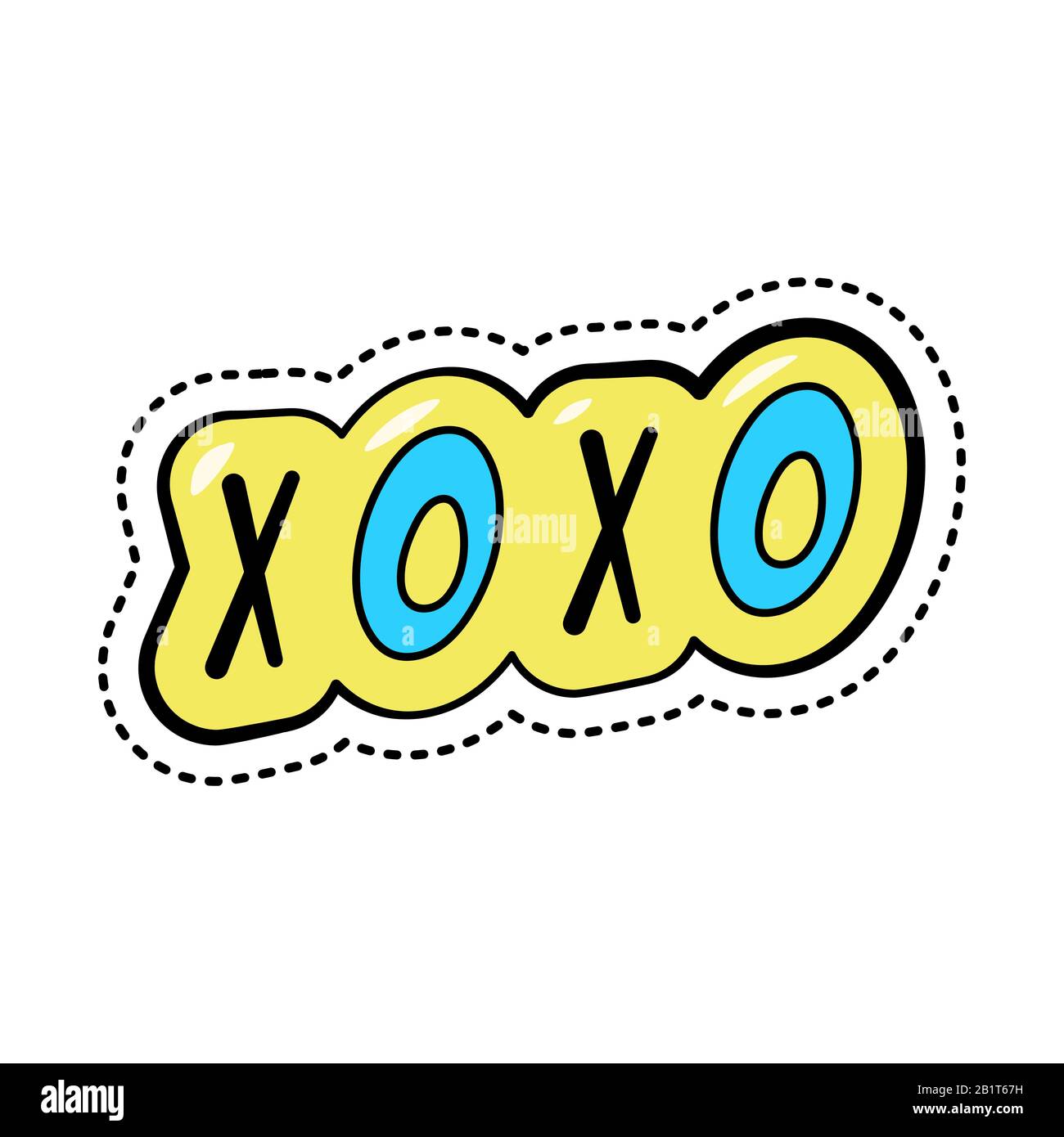 Adesivo colorato cartone animato con testo xoxo, elegante patch badge con abbreviazione slang, illustrazione vettoriale. Illustrazione Vettoriale