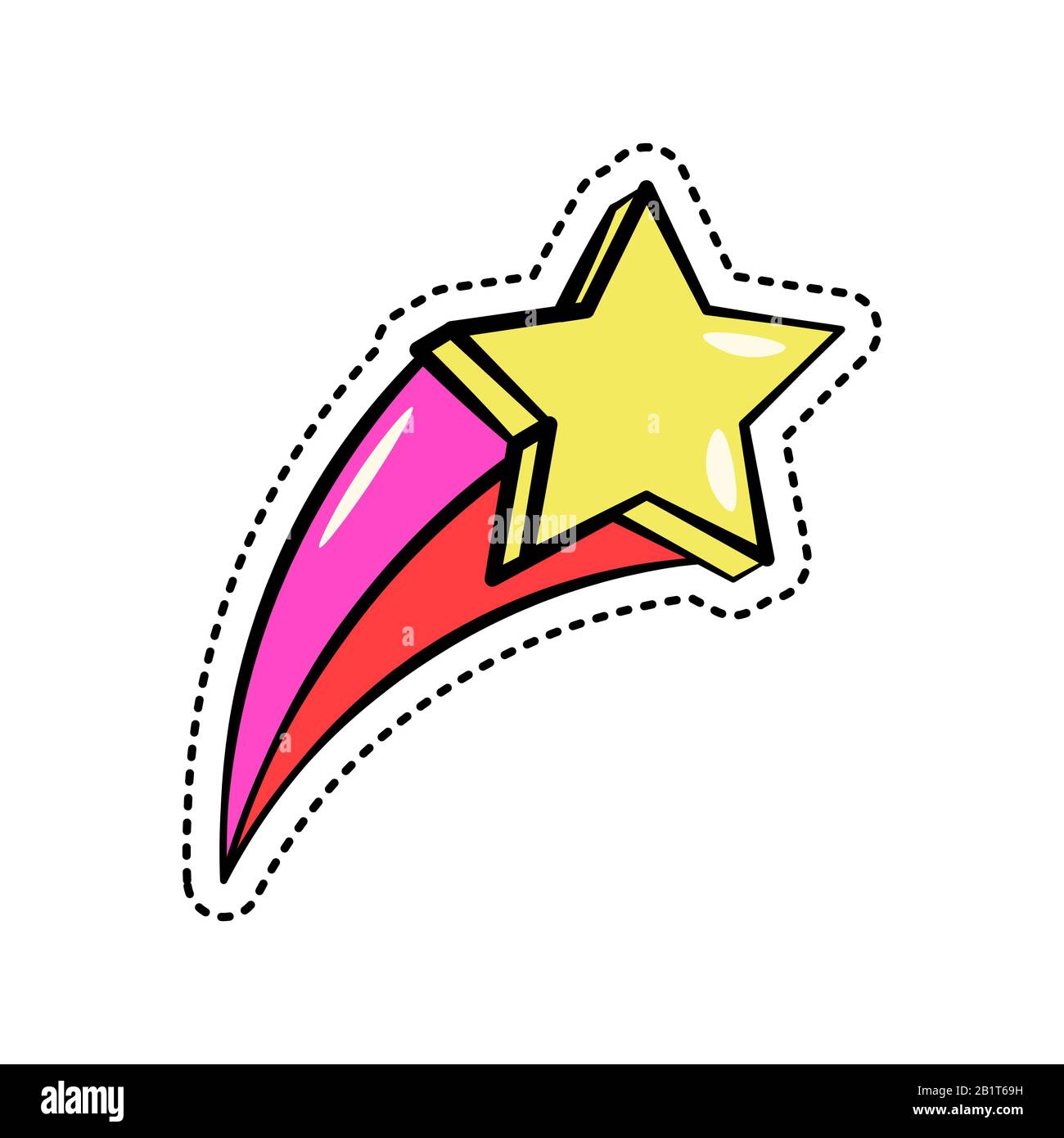 Adesivo colorato di moda con stella gialla cadente, rosa lucido e traccia rossa, elegante patch badge isolato, illustrazione vettoriale. Illustrazione Vettoriale