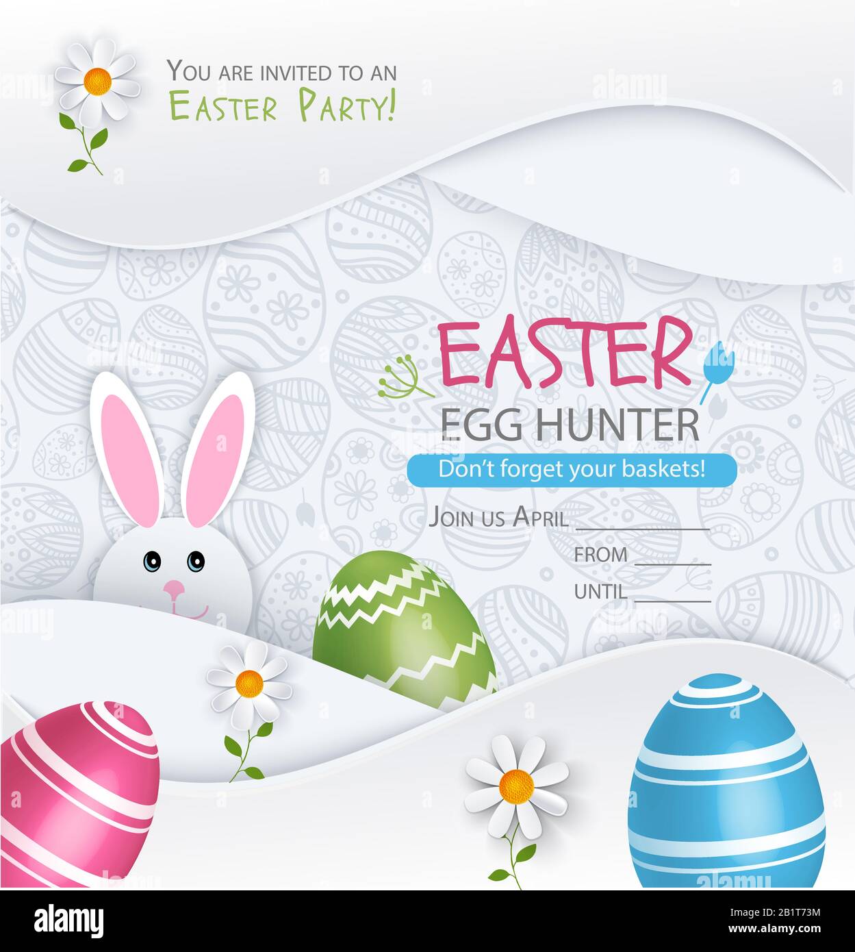 White Easter Egg Banner. Uova multicolori e coniglietto cacciatore di uova sullo sfondo modello. Felice invito di Pasqua Illustrazione Vettoriale