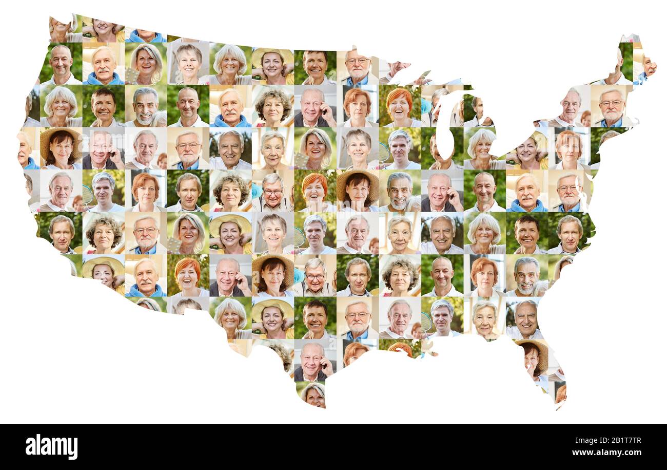 Collage ritratto anziani sulla mappa degli Stati Uniti come concetto per età, società, pensione e comunità Foto Stock