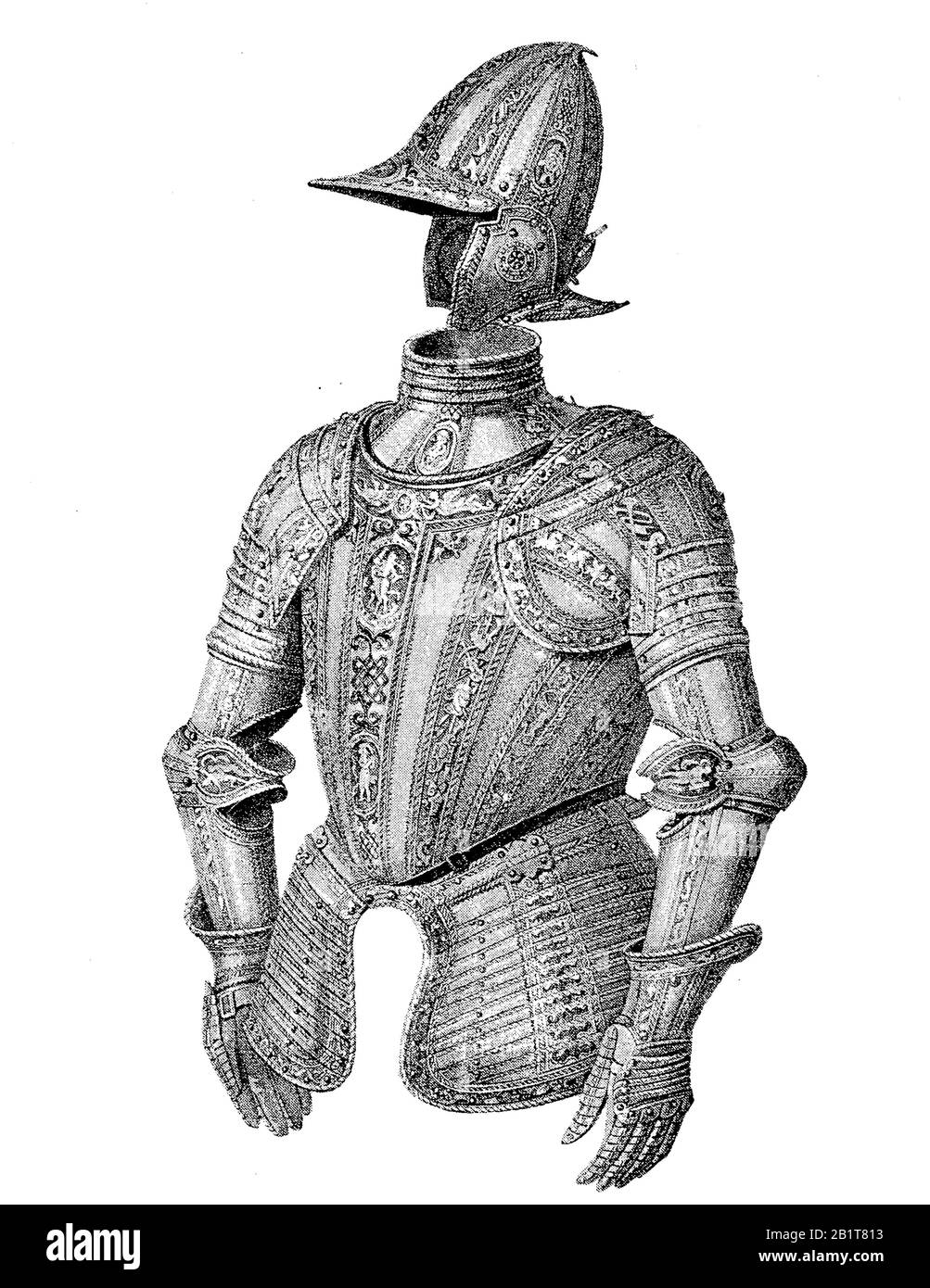 Mezza armatura francese, armatura del cavaliere, dalla fine del 16th secolo, Francia / Französische Halbrüstung, Ritterrüstung, aus dem Ende de de 16. Jahrhunderts, Frankreich, Historisch, riproduzione digitale migliorata di un originale del 19th secolo / digitale Reproduktion einer Originallage vorlage aus dem 19. Jahrhundert Foto Stock