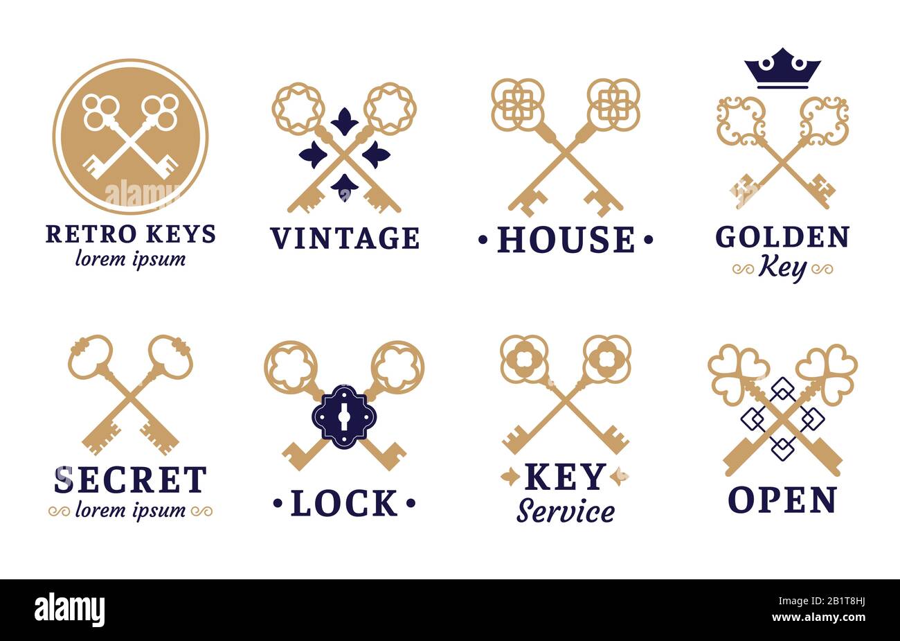 Etichetta della chiave vintage. Fregio vecchie chiavi, blocco retrò e set vettore chiave di servizio Illustrazione Vettoriale