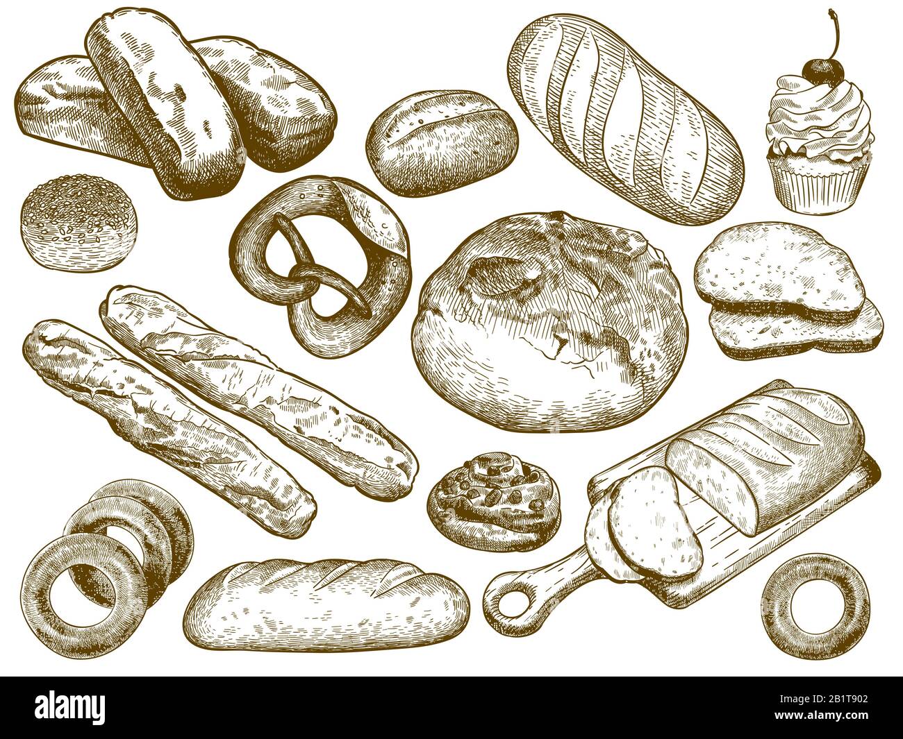 Pane fresco disegnato a mano. Sesamo bun, pretzel e pane francese. Disegno vettore pane panificio insieme di illustrazione Illustrazione Vettoriale