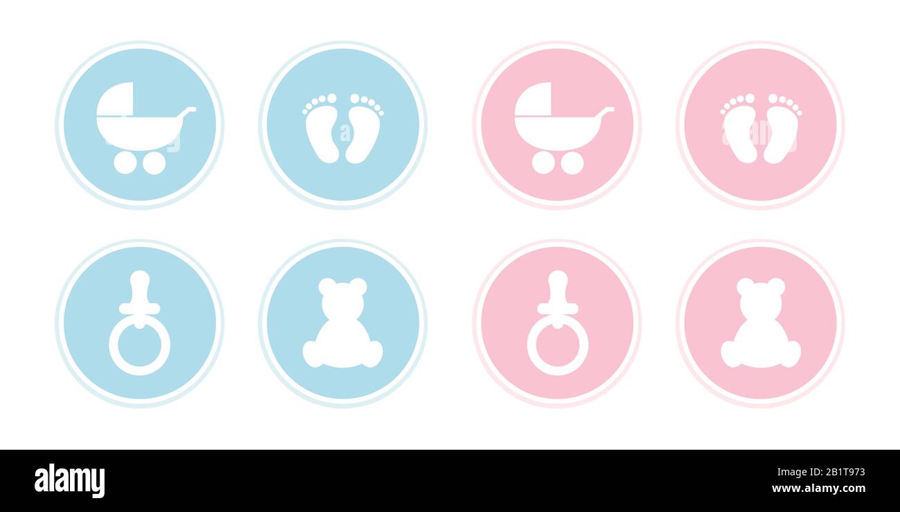 Set blu e rosa di icone per bambini ingombro piedi orso passeggino e immagine vettoriale succhietto EPS10 Illustrazione Vettoriale