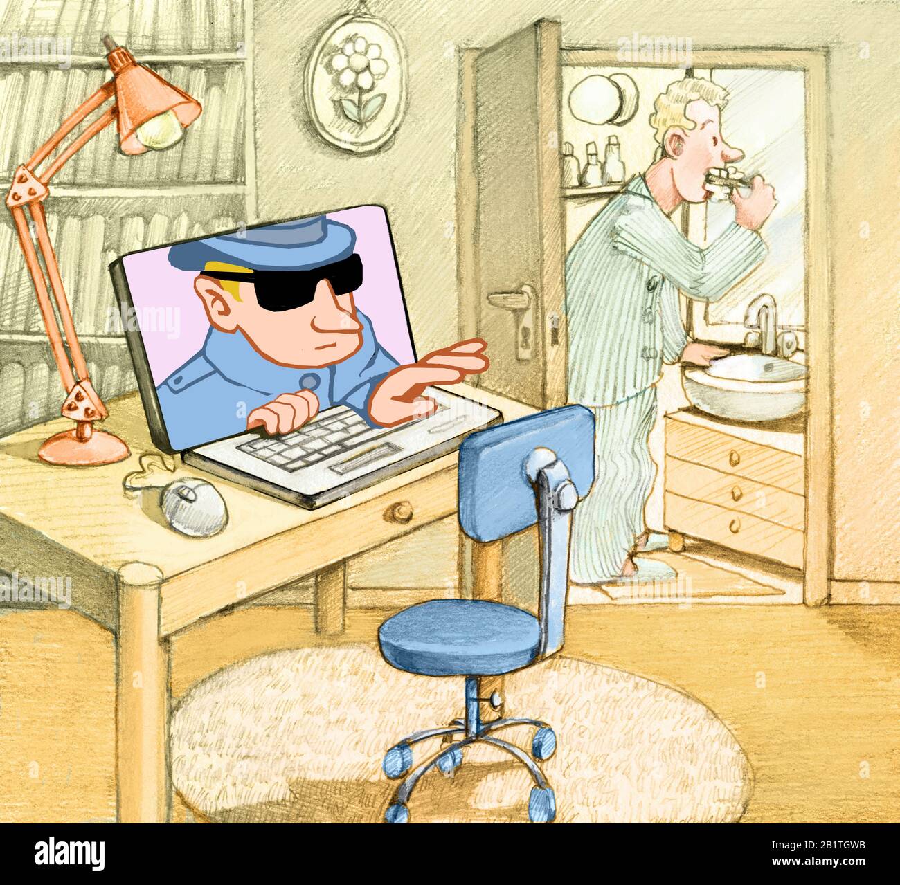 uomo sereno in casa e ladro spiare su di lui dal computer internet hacker attacco concetto Foto Stock