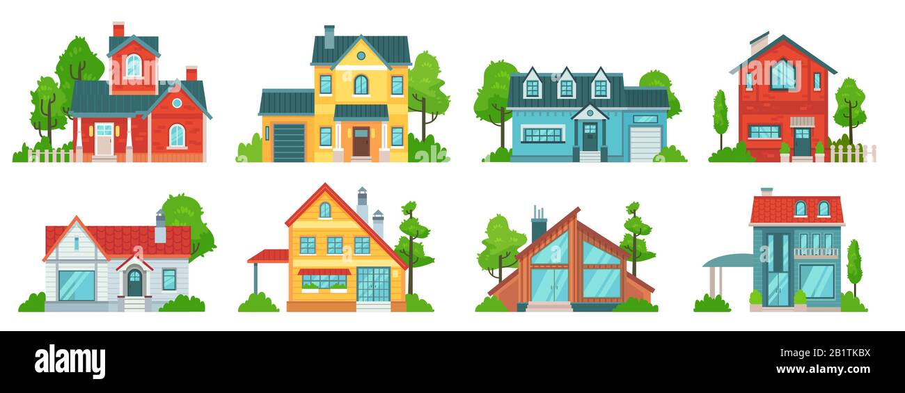 Casa suburbana. Facciate immobiliari, case di vacanza e case di campagna con tetto vettore set Illustrazione Vettoriale
