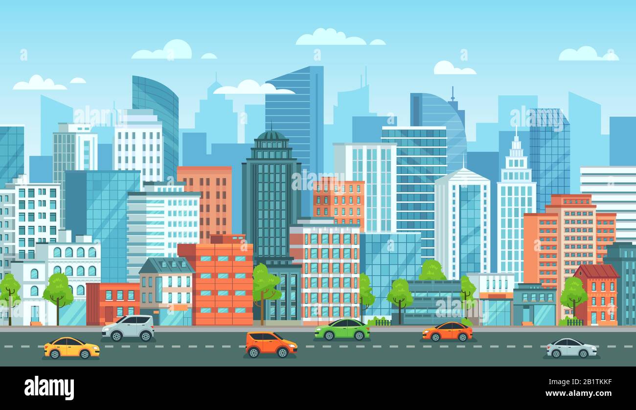 Paesaggio urbano con auto. Città strada con strada, edifici della città e auto urbana cartone animato illustrazione vettore Illustrazione Vettoriale