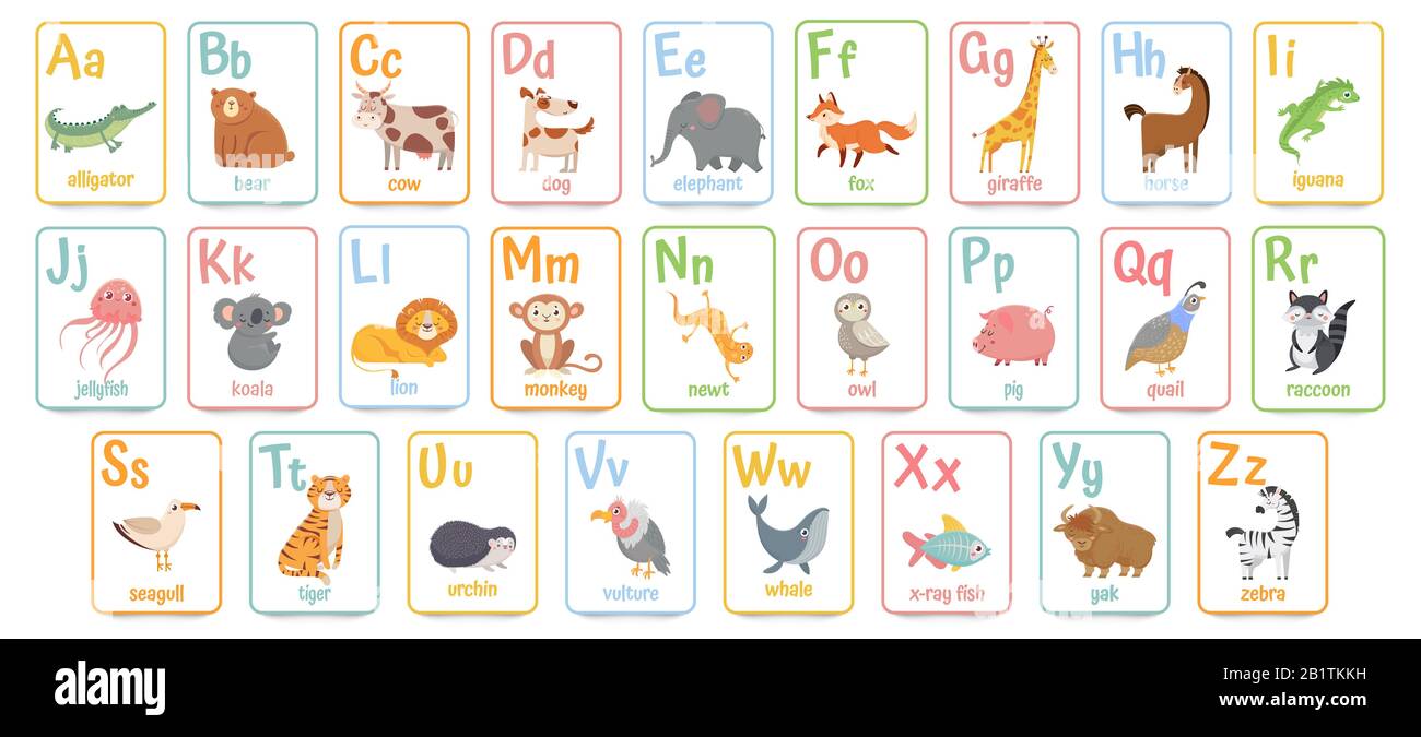 Carte alfabetiche per bambini. Formazione prescolare scheda ABC con animale e lettera cartone animato illustrazione vettore set Illustrazione Vettoriale