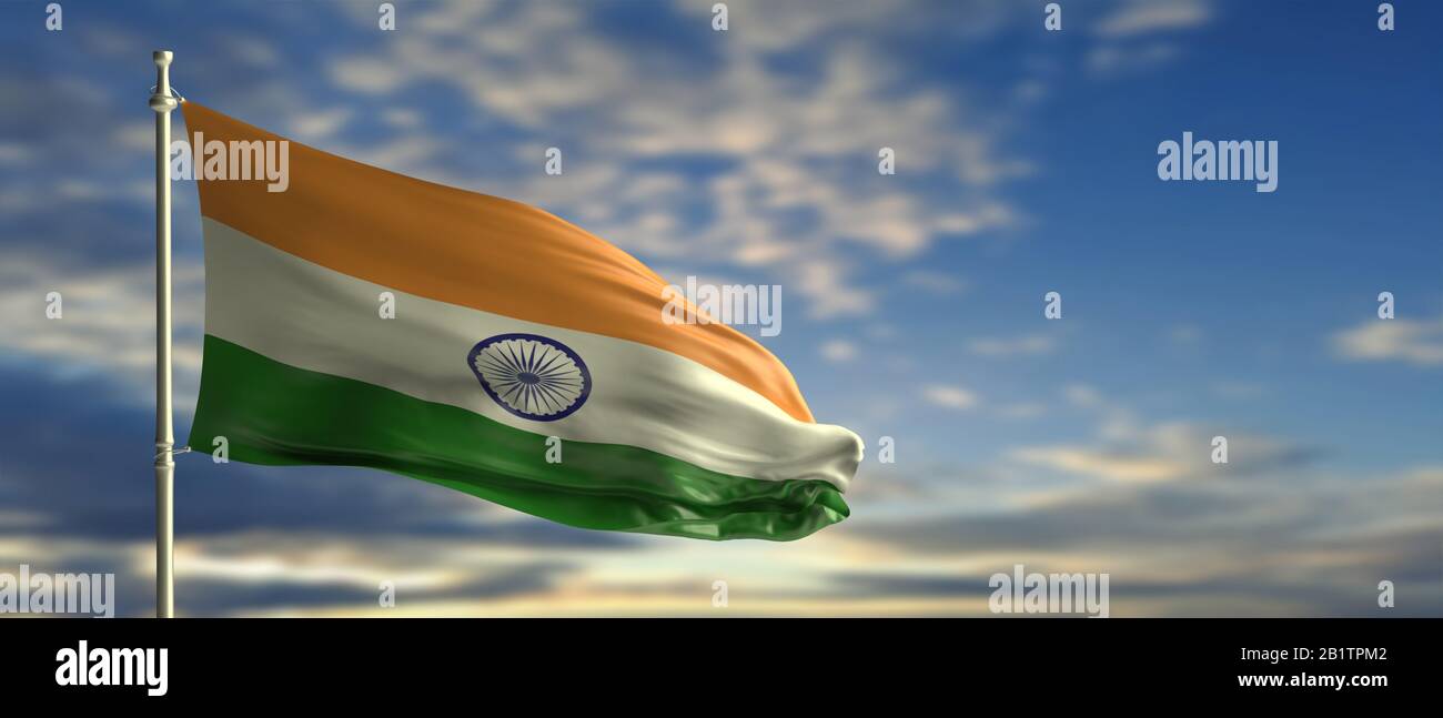 Segno India, simbolo. Bandiera nazionale indiana ondeggiante su un palo, cielo blu con sfondo nuvole. figura 3d Foto Stock