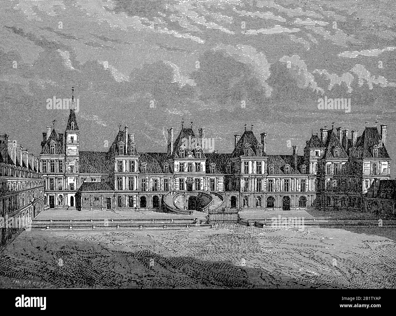 Castello di Fontainebleau, o Chateau de Fontainebleau, uno dei châteaux reali francesi più grandi / Schloss Fontainebleau a Fontainebleau, Dipartimento Seine-et-Marne, ist ein französisches Schloss rund 60 km südlich von Paris, das zeitweilig unter anderem von Kaiser Napoleone Bonaparte genutzt wurde, Historisch, Riproduzione digitale migliorata di un originale del 19th secolo / digitale Reproduktion einer Originalvorlage aus dem 19. Jahrhundert Foto Stock