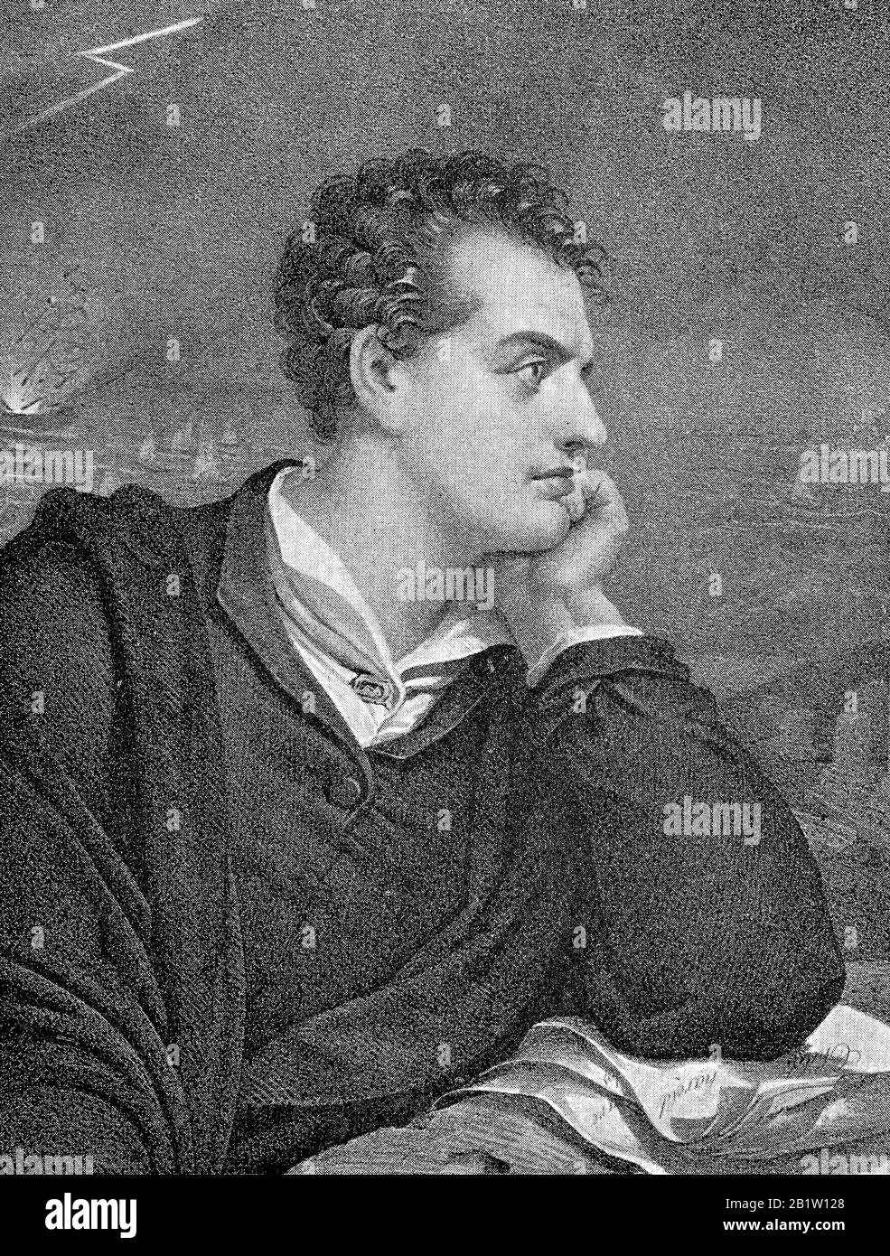 George Gordon Byron, 6th Baron Byron, FRS, 22 gennaio 1788 - 19 aprile 1824, conosciuto semplicemente come Lord Byron, era un poeta, un peer e un politico inglese che è diventato un rivoluzionario nella guerra di indipendenza greca / George Gordon Noel Byron, 6. Baron Byron, bekannt als Lord Byron, war ein britischer Dichter und einer der wesentlichen Vertreter der englischen Romantik, Historisch, riproduzione digitale migliorata di un originale del 19th secolo / digitale Reproduktion einer Originallage voraus dem 19. Jahrhundert Foto Stock