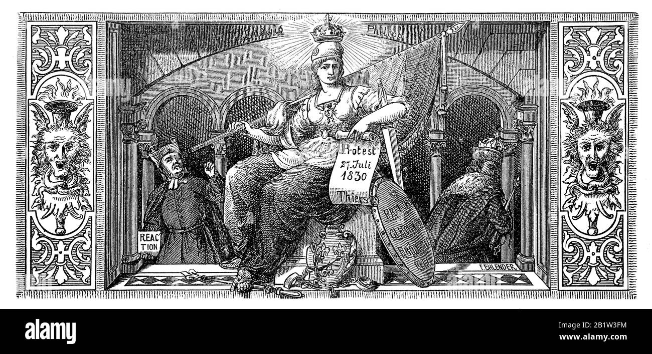 Europa, simbolo della protesta del 27 luglio 1830, Rivoluzione francese del 1830, conosciuta anche come Rivoluzione di luglio / Europa, simbolo für den Protesta vom 27. Juli 1830, JuliRevolution, Historisch, riproduzione digitale migliorata di un originale del 19th secolo / digitale Reproduktion einer Originalvorlage aus dem 19. Jahrhundert Foto Stock