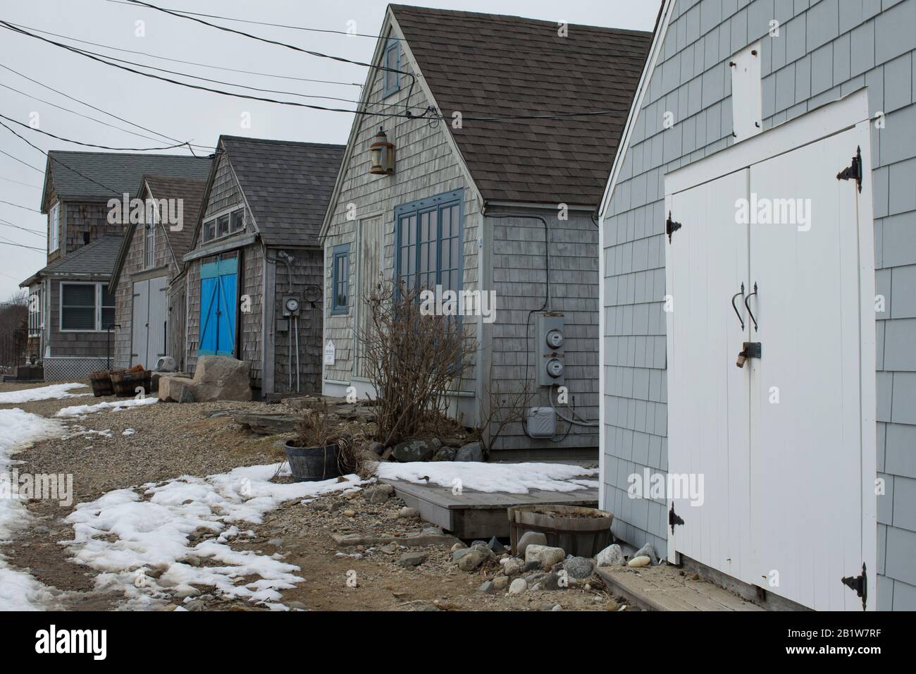 Le FISH Houses sono state costruite un secolo fa in modo che i pescatori potrebbero immagazzinare e riparare i loro attrezzi. Oggi si trovano a Little Boar's Head a North Hampton, NH Foto Stock