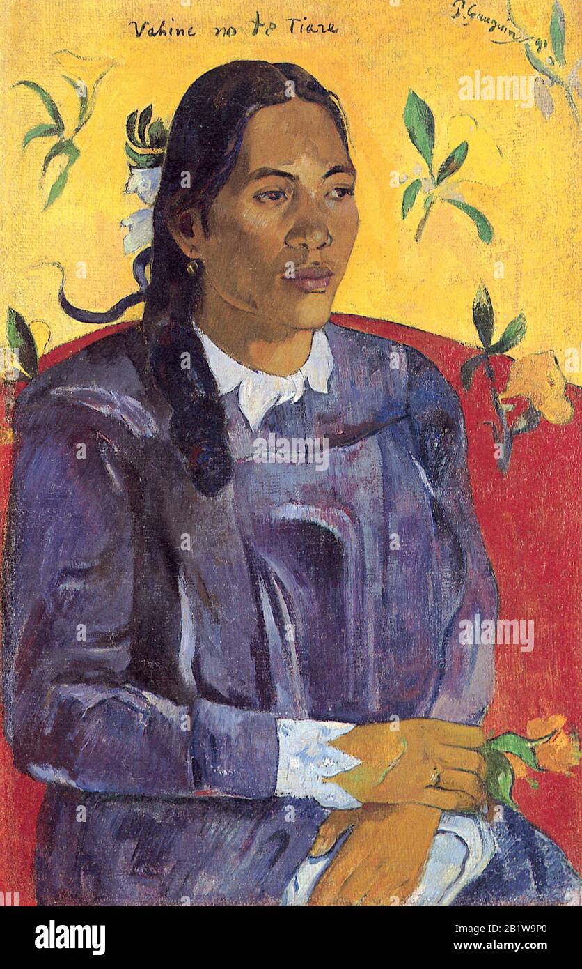 Donna con un fiore (1891) Pittura del XIX secolo di Paul Gauguin - immagine ad altissima risoluzione e qualità Foto Stock