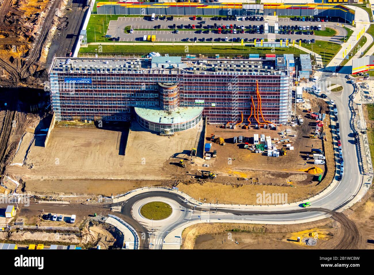 Veduta aerea, MARK 51°7 zona industriale, ex sito Opel con vecchio edificio amministrativo, Laer, Bochum, zona Ruhr, Renania Settentrionale-Vestfalia, Germania, d Foto Stock