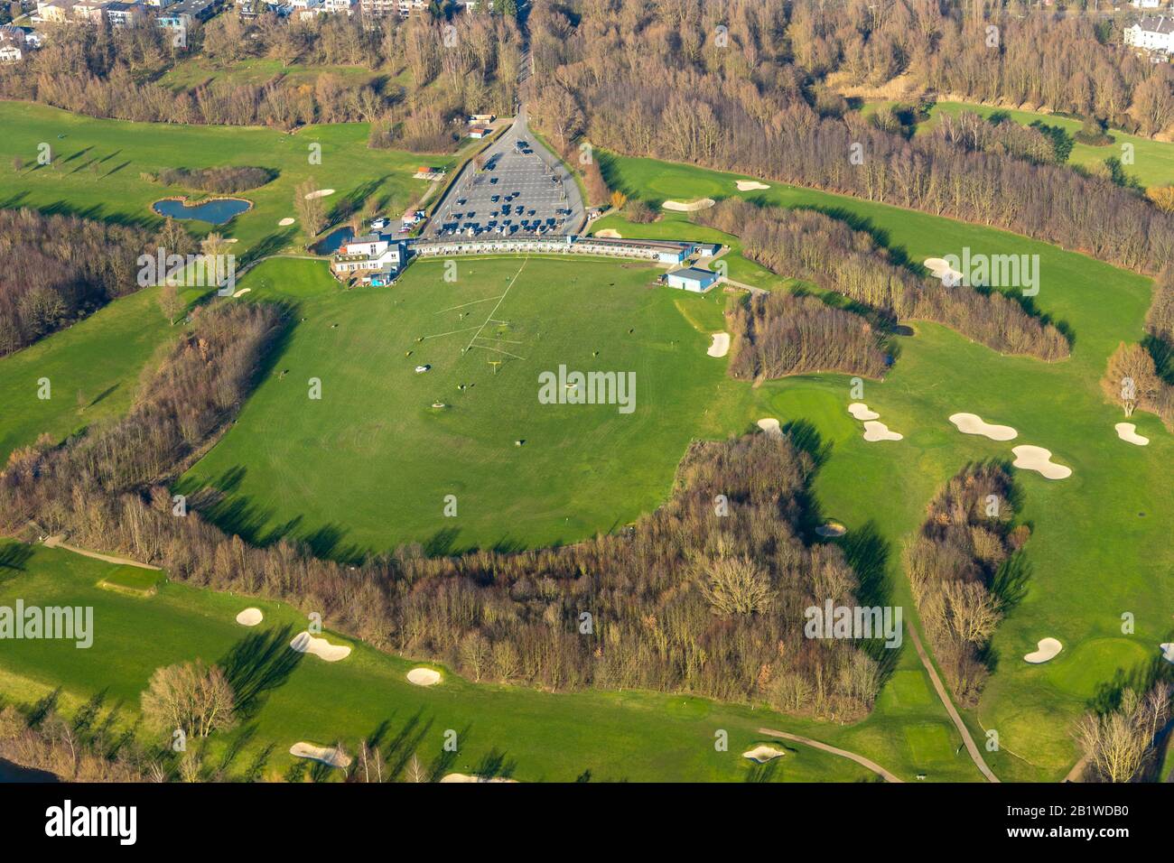 Fotografia aerea, Golfplatz Golf & More Huckingen GmbH, Driving Range, Citroen Duck come bersaglio, Duisburg, Ruhr area, Renania Settentrionale-Vestfalia, Germania, Foto Stock