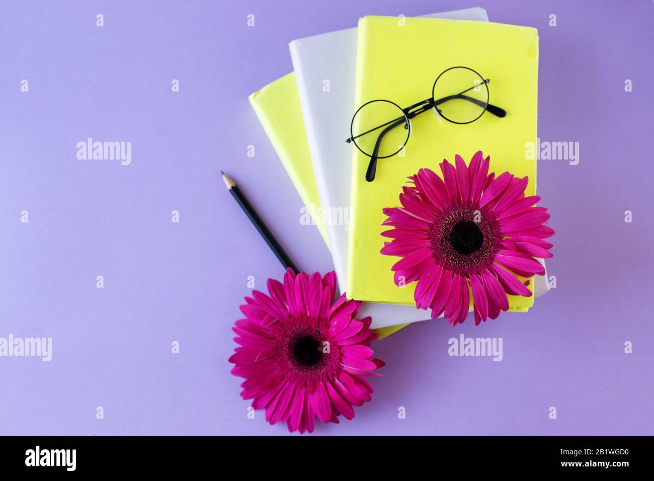 Tre libri, occhiali da lettura e una matita. Fiori. Inserire il testo. Concetto di ritorno a scuola, istruzione, giornata internazionale del libro, hobby. Foto Stock