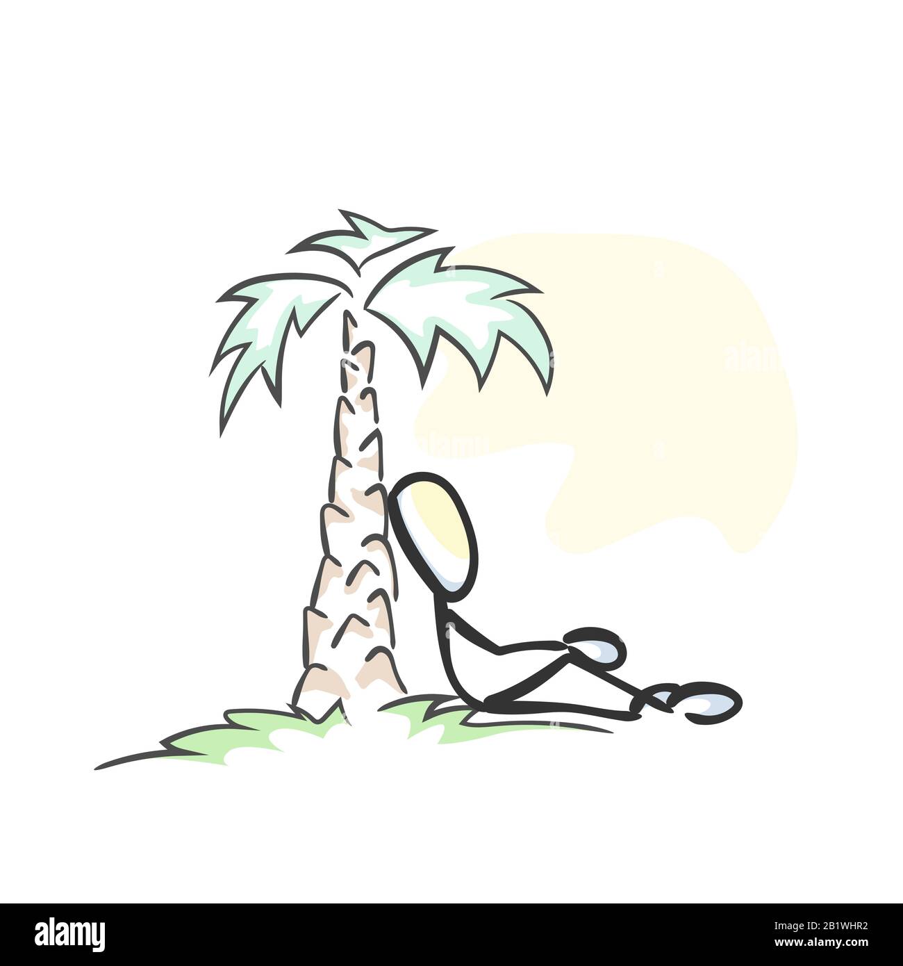 Vacanza sotto palma. Isola tropicale. Mare, oceano, sole ed estate. Disegnato a mano. Cartone animato Stickman. Schizzo barboncino, illustrazione grafica vettoriale Illustrazione Vettoriale