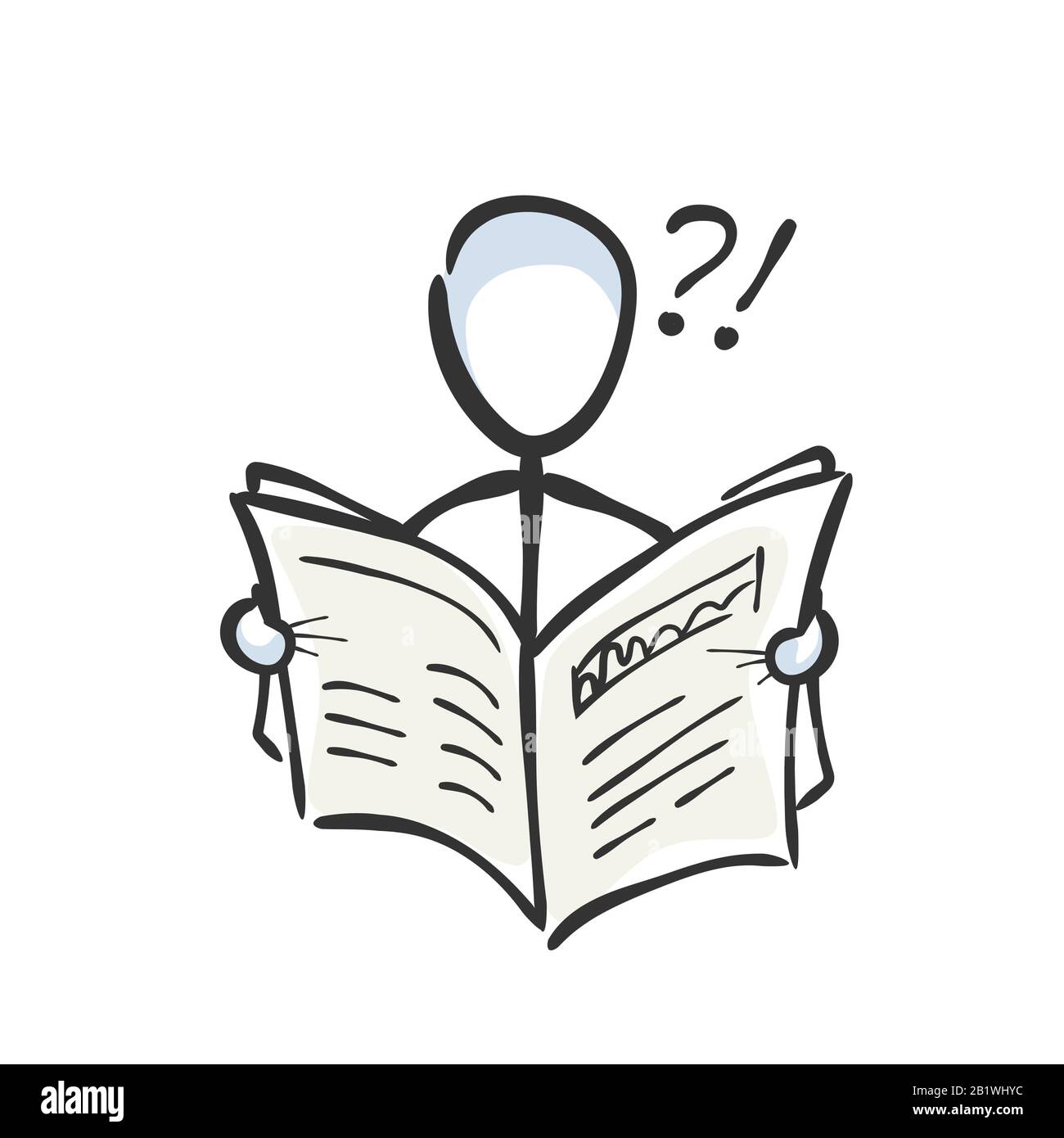 Uomo che legge giornale. Articolo di notizie. Disegnato a mano. Cartone animato Stickman. Schizzo barboncino, illustrazione grafica vettoriale Illustrazione Vettoriale