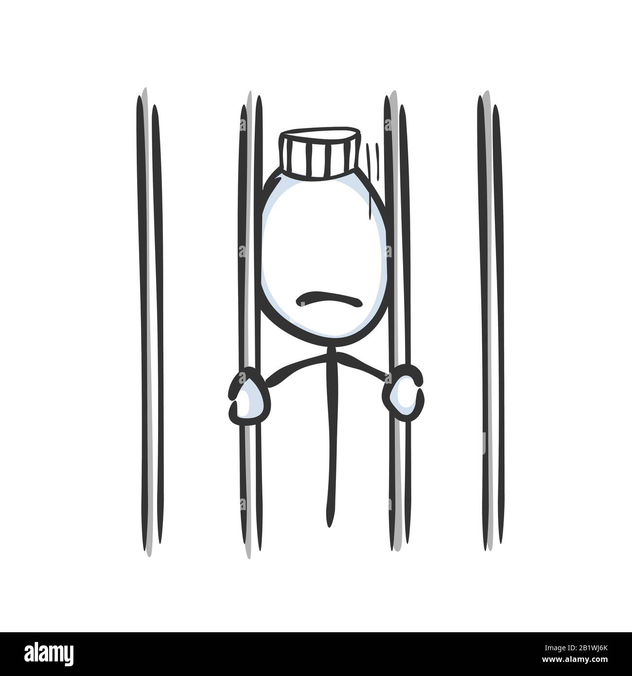 Arrestato mane in prigione. Prigioniero triste. Criminale in cella di prigione. Disegnato a mano. Cartone animato Stickman. Schizzo barboncino, illustrazione grafica vettoriale Illustrazione Vettoriale