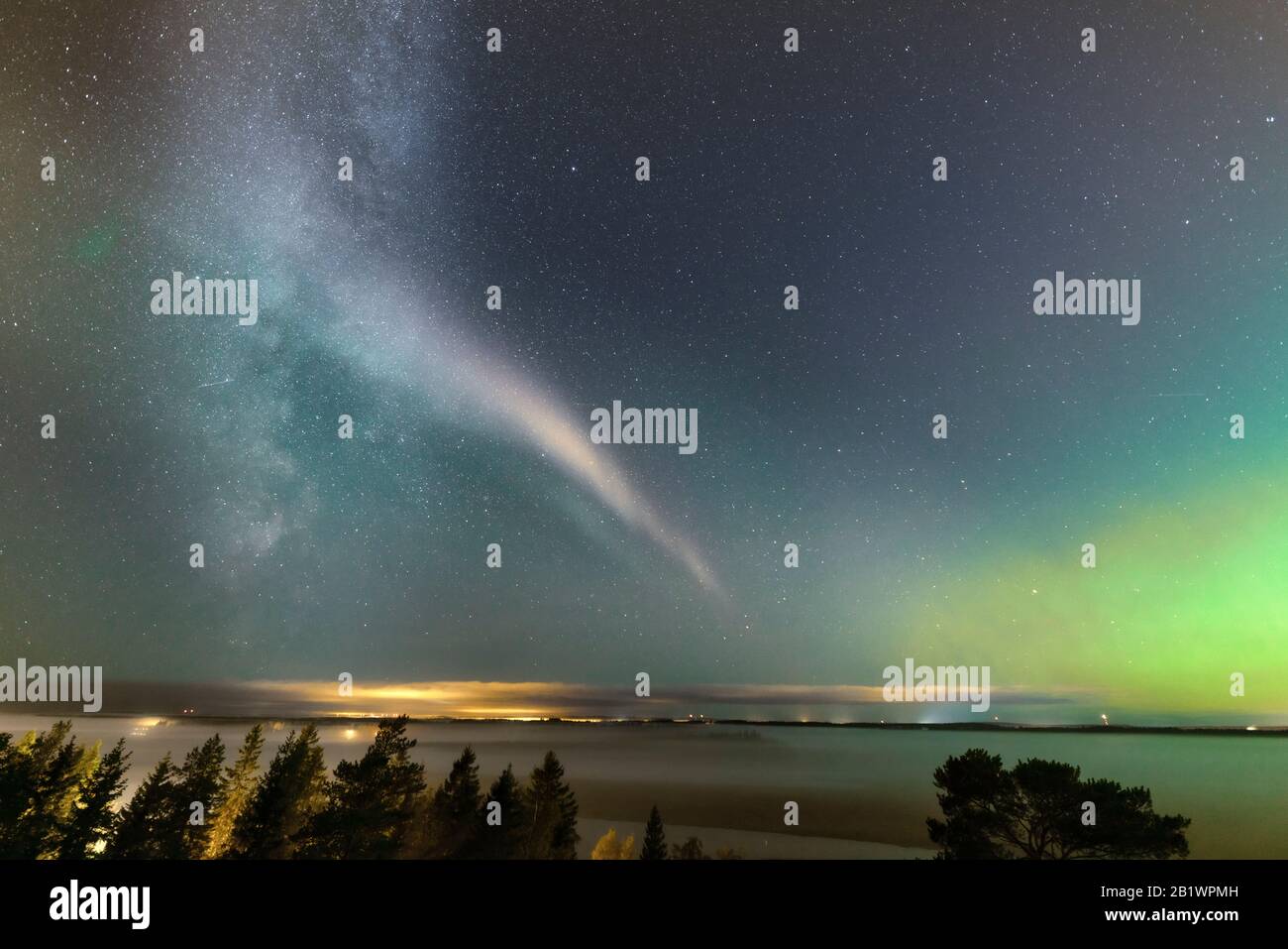 Debole aurora boreale all'orizzonte e fenomeno atmosferico 'NEVE' che attraversa Via Lattea. Steve appare come un nastro di luce viola e verde nel cielo a Foto Stock