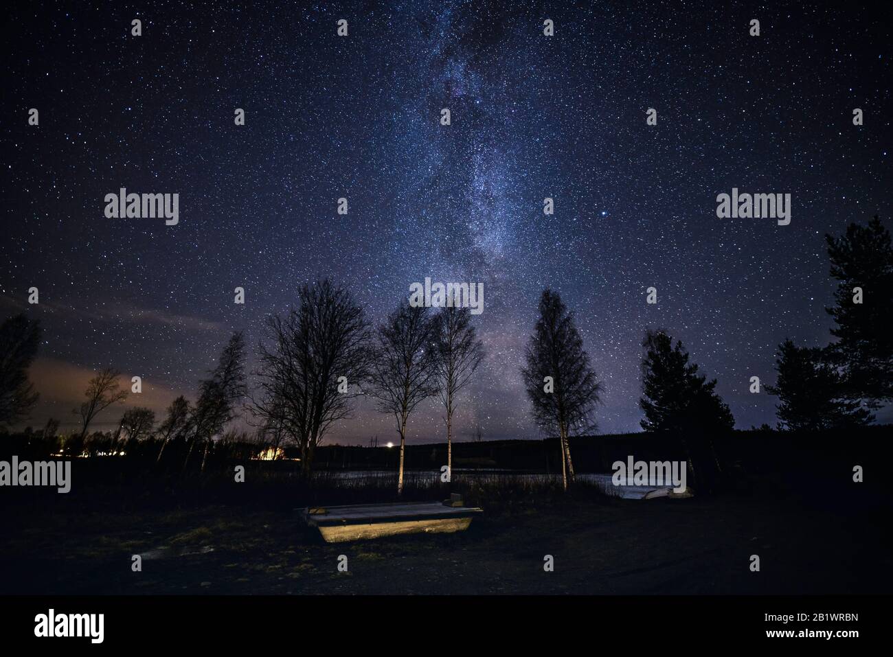 Milky Way in cieli profondi e chiari sopra gli uccelli autunnali nella campagna scandinava Foto Stock