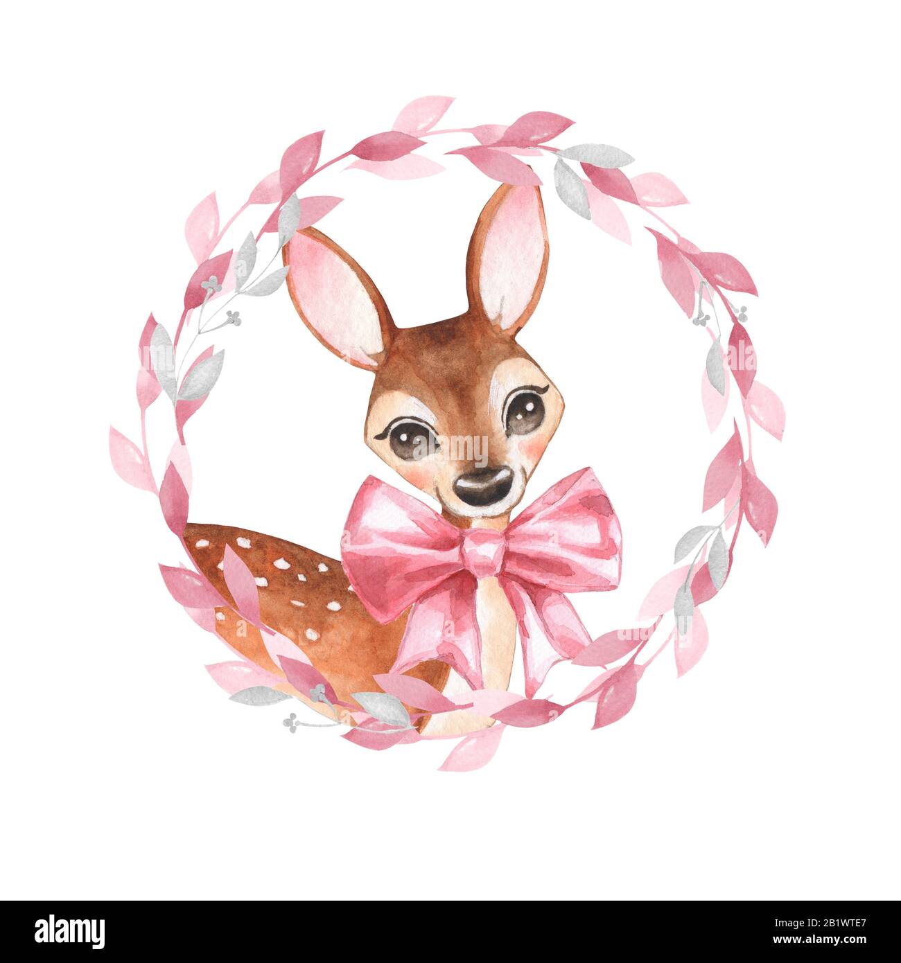 Acquerello Baby Deer Con Bow. Illustrazione Di Fawn Foto Stock