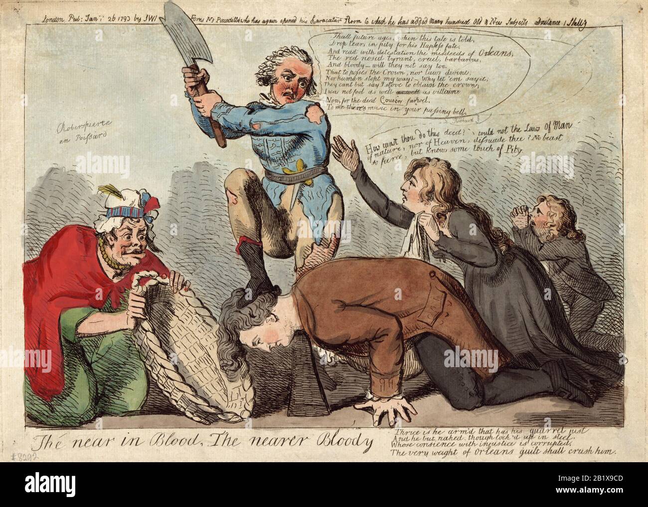 La vicina nel sangue, la più sanguinosa - Stampa mostra il duca di Orleans vestito come un sransculotte ragged, tenendo un'ascia sopra la testa di Luigi XVI che poggia su un blocco di chopping, mentre Maria Antonietta gli chiede di mostrare un 'tocco di pietà.' Foto Stock