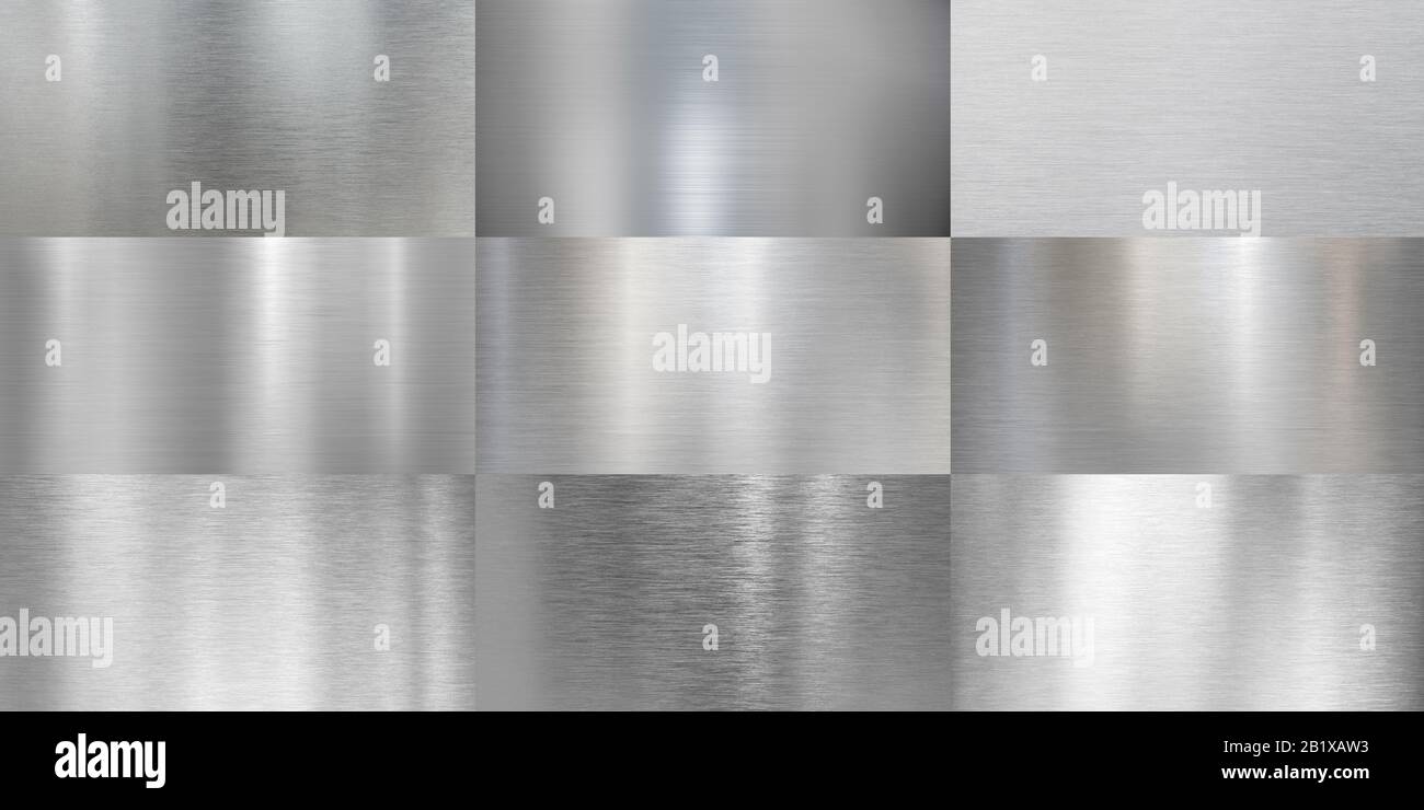collezione in alluminio con texture in metallo spazzolato o lucido Foto Stock