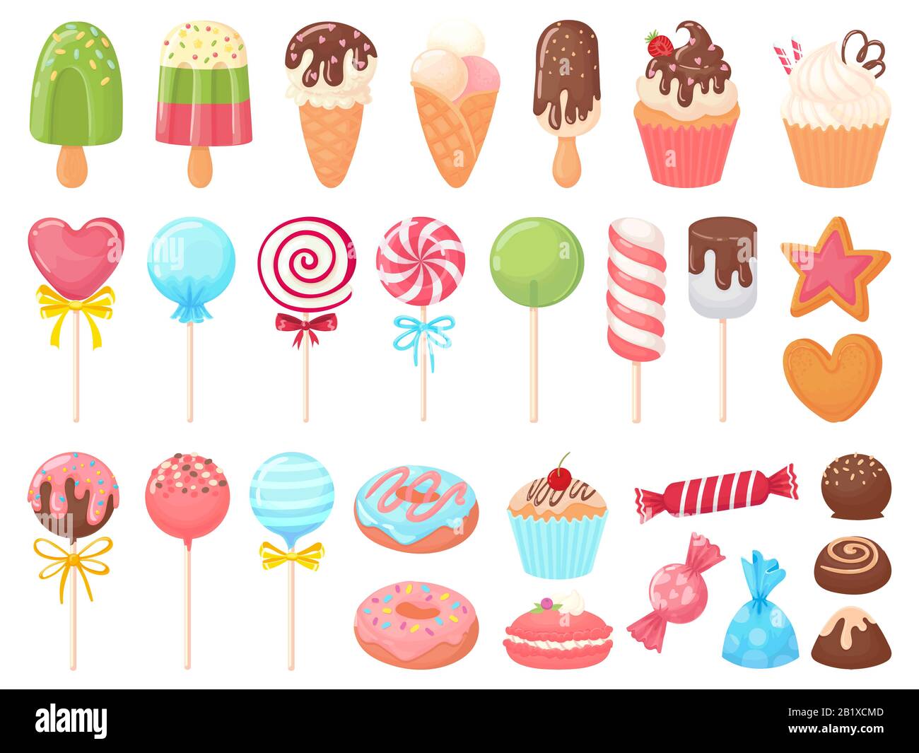 Dolci di cartone animato. Gelati dolci, cupcake e caramelle al cioccolato. Delizioso ciambella, biscotti e caramelle sul bastone vettore illustrazione set Illustrazione Vettoriale