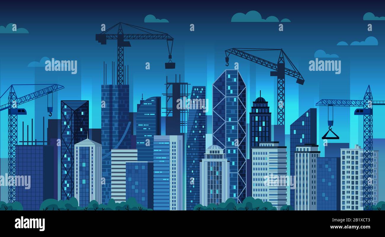 Sviluppo urbano. Gru di costruzione notturna, moderno edificio cittadino e illustrazione vettoriale cartoon Cityscape Illustrazione Vettoriale