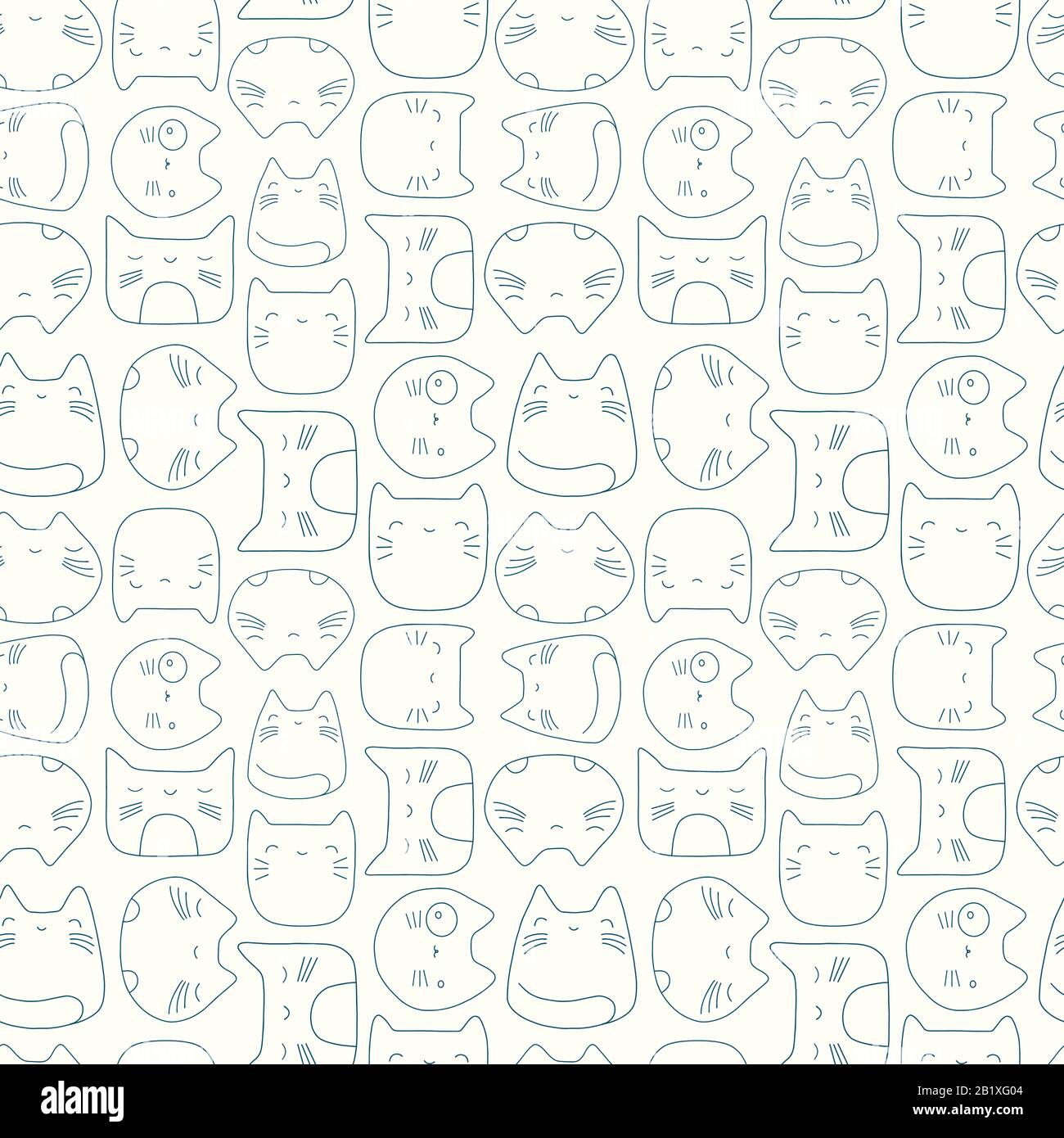 Kawaii Cat pattern background. Disegno cute vettoriale senza cuciture di contorni animali. Illustrazione Vettoriale