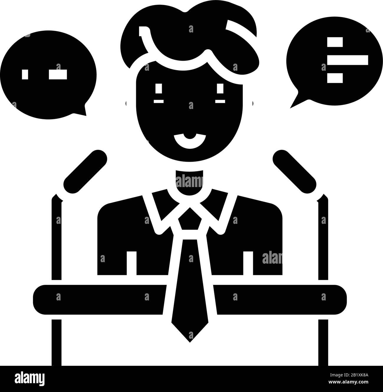 Icona nera altoparlante conferenza, illustrazione concettuale, simbolo piatto vettoriale, simbolo glifo. Illustrazione Vettoriale