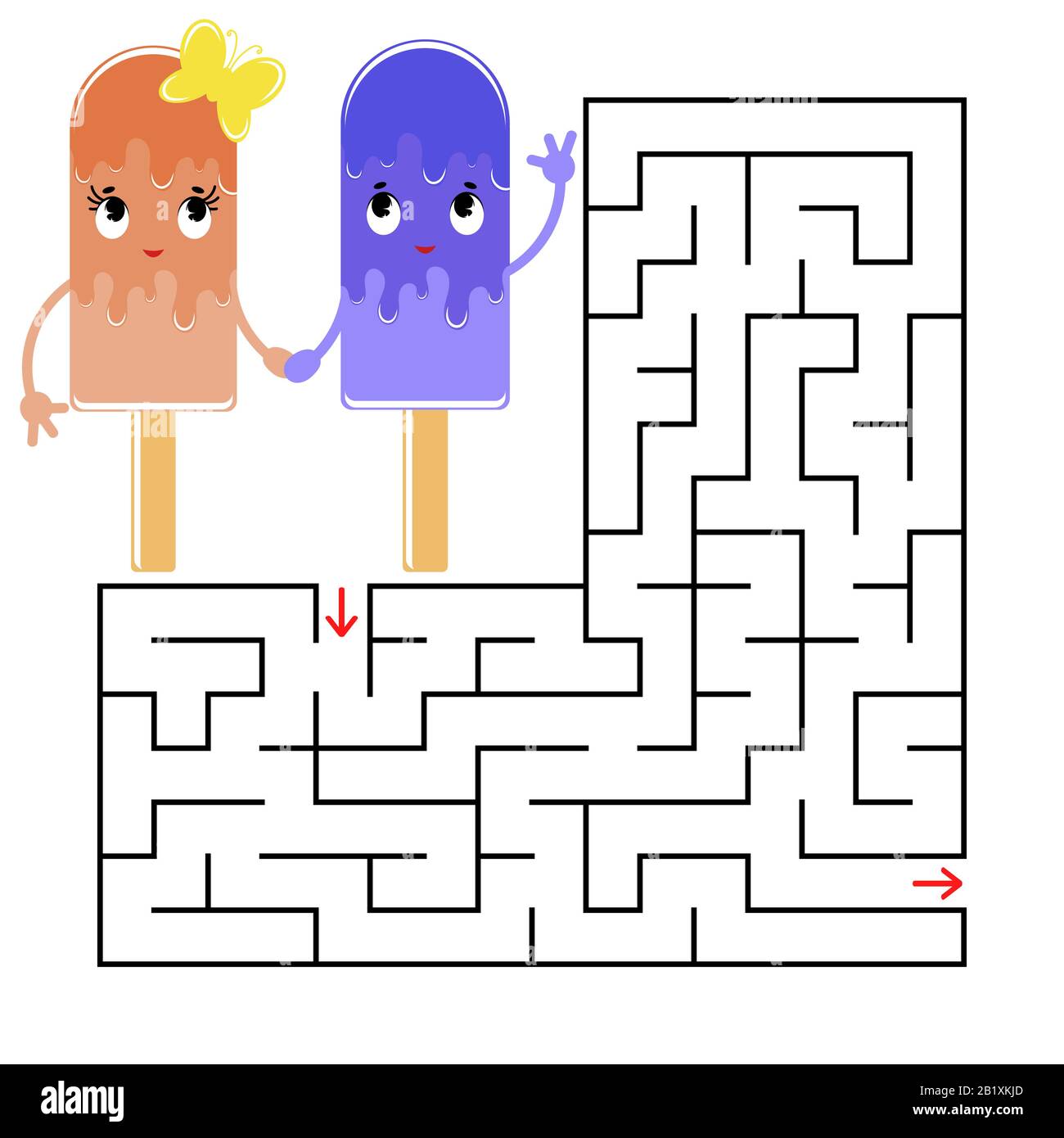 Labirinto quadrato astratto con un carattere cartoon colore carino. Gelato divertente. Un gioco interessante e utile per i bambini. Illustrazione semplice del vettore piatto Illustrazione Vettoriale