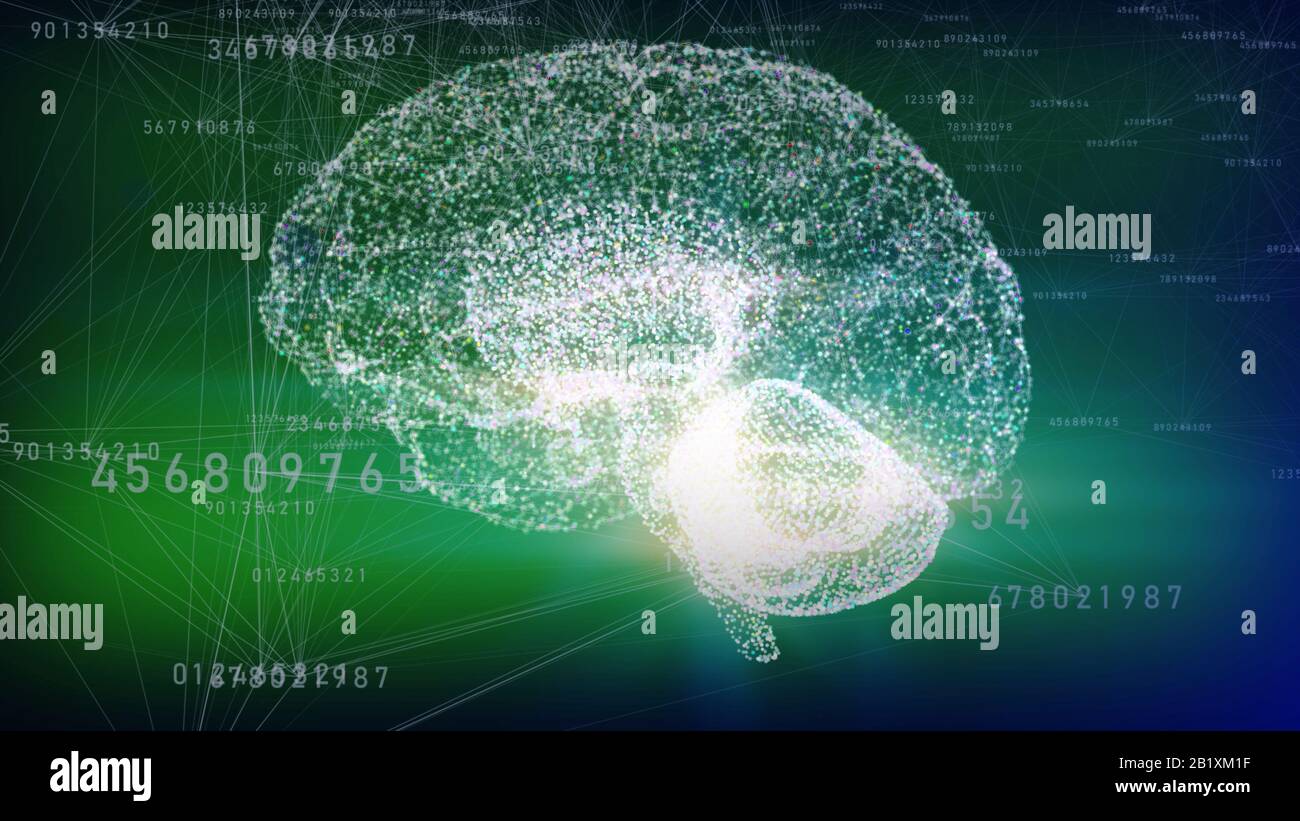 immagine 3d della vista laterale del cervello umano con ologramma su sfondo verde. Concetto di intelligenza artificiale. Foto Stock