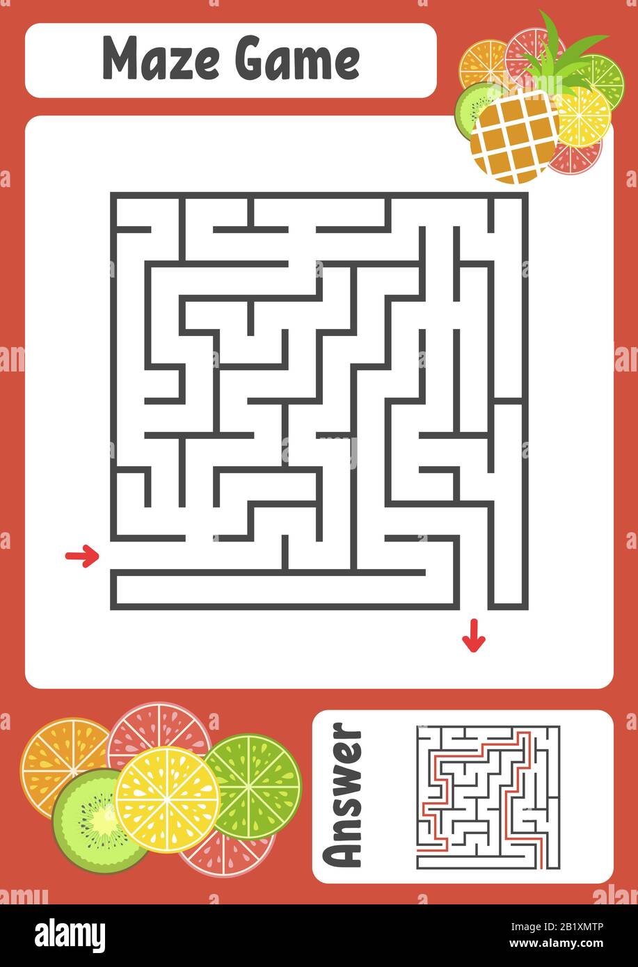 Labirinto quadrato astratto. Fogli di lavoro per bambini. Pagina attività. Puzzle di gioco per bambini. Cute cartone animato frutti tropicali. Labirinto enigma. Illustrazione del vettore Illustrazione Vettoriale