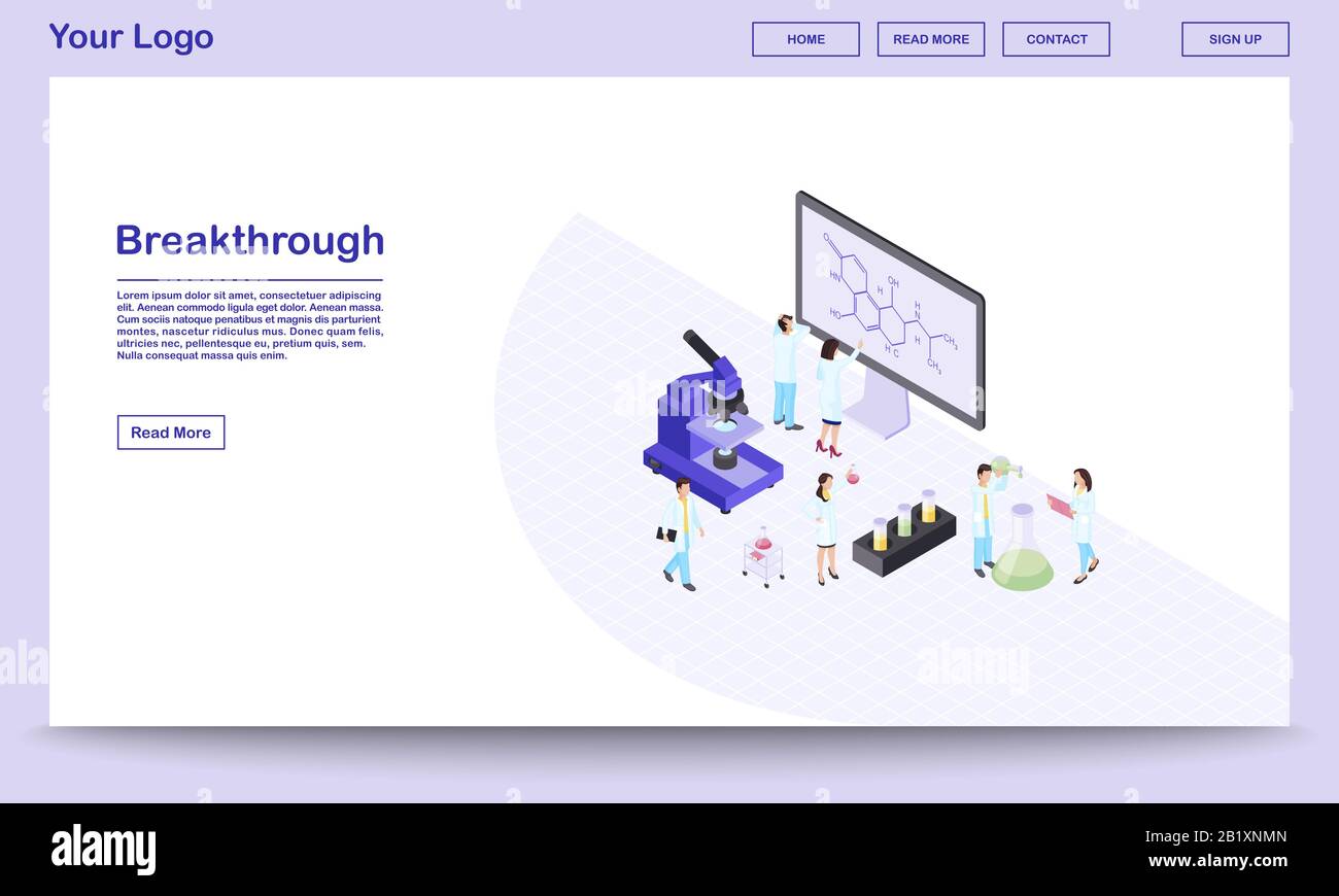 Modello di landing page isometrico di innovazione scientifica. Chimici, farmacologi entusiasti della nuova formula. laboratorio 3d con attrezzature moderne, microscopio Illustrazione Vettoriale