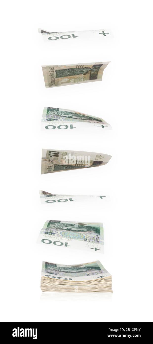 Lucidante per caduta 100 zloty banconote. Isolato su bianco. Tracciato di ritaglio incluso. Foto Stock