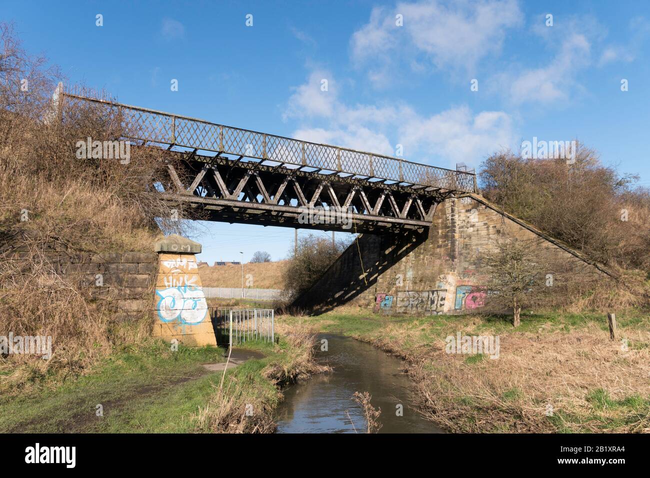 Vecchio ponte ferroviario disusato Stanhope e Tyne sul fiume Don a Boldon Colliery, Tyne and Wear, Inghilterra, Regno Unito Foto Stock