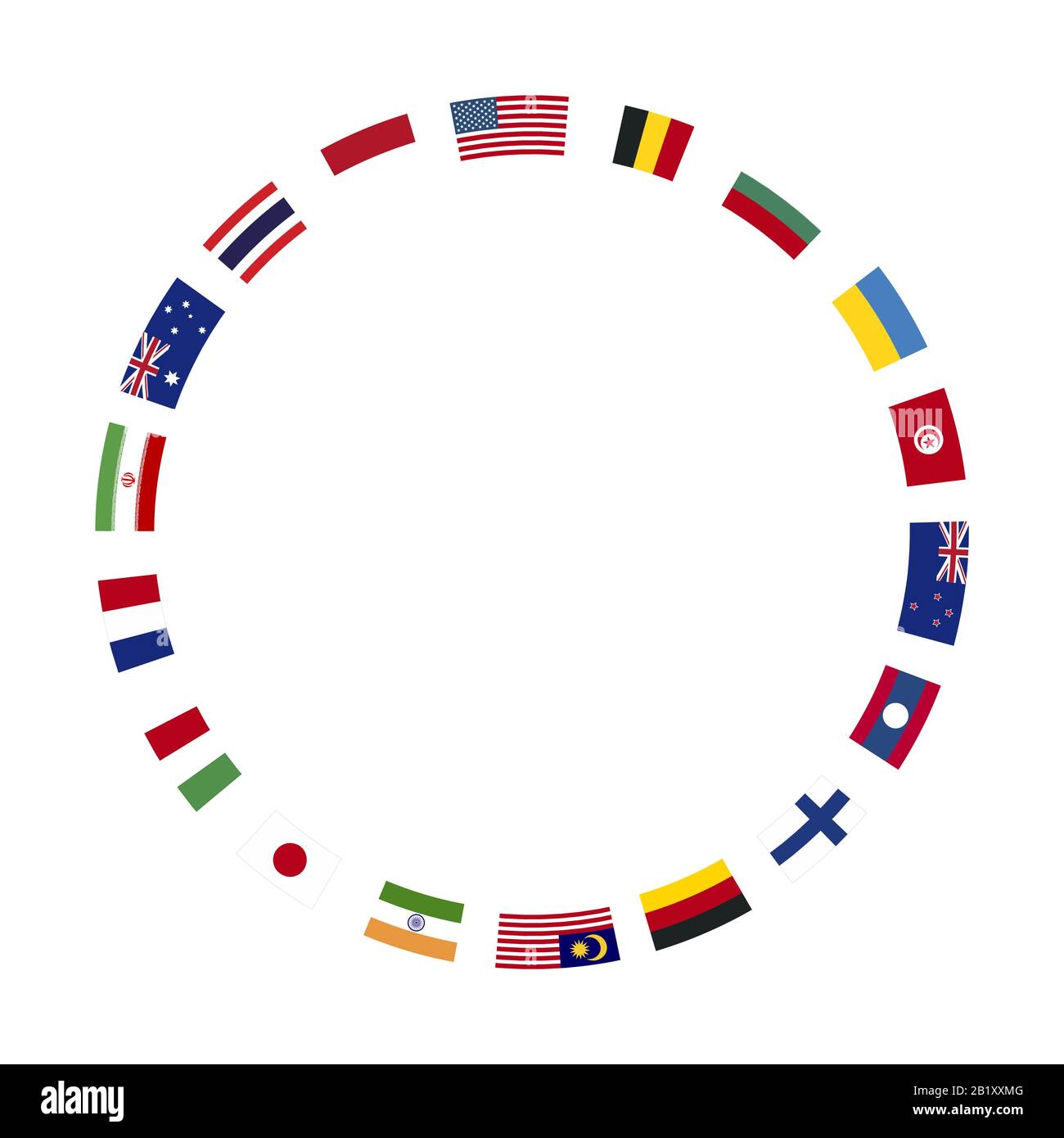 Molte bandiere di stati sovrani si sono disposte intorno cornice su sfondo bianco Illustrazione Vettoriale