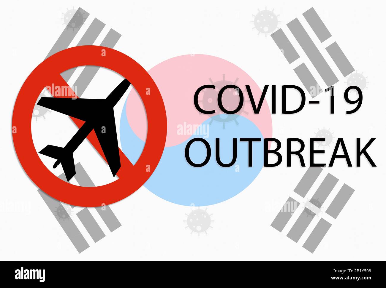 Concetto di divieto di viaggio a causa di Covid-19, Coronavirus o nCov-19 mostrando con la bandiera della Corea del Sud non ha vietato l'ingresso di simbolo e virus. Foto Stock