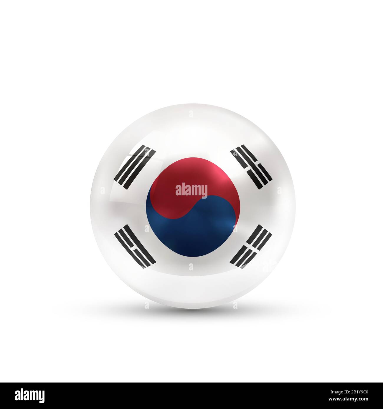 Bandiera della Corea del Sud proiettata come una sfera lucida su a. sfondo bianco Illustrazione Vettoriale