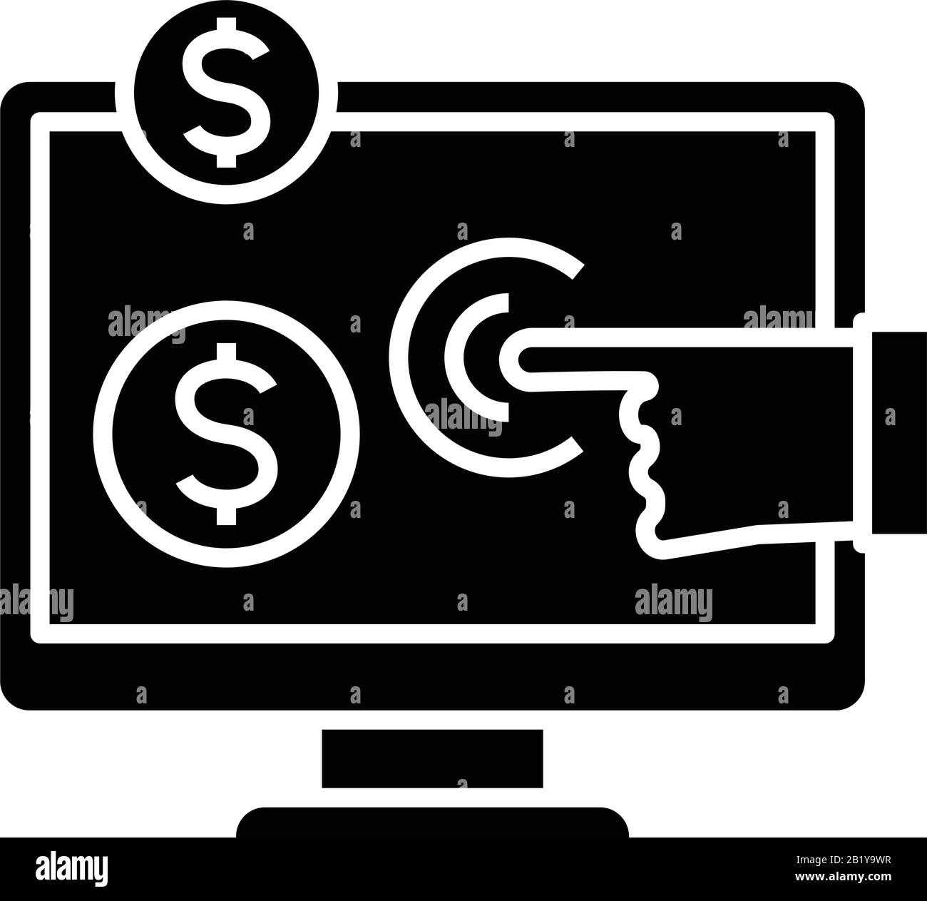 Icona nera a scelta della valuta, illustrazione concettuale, simbolo piatto vettoriale, simbolo glifo. Illustrazione Vettoriale
