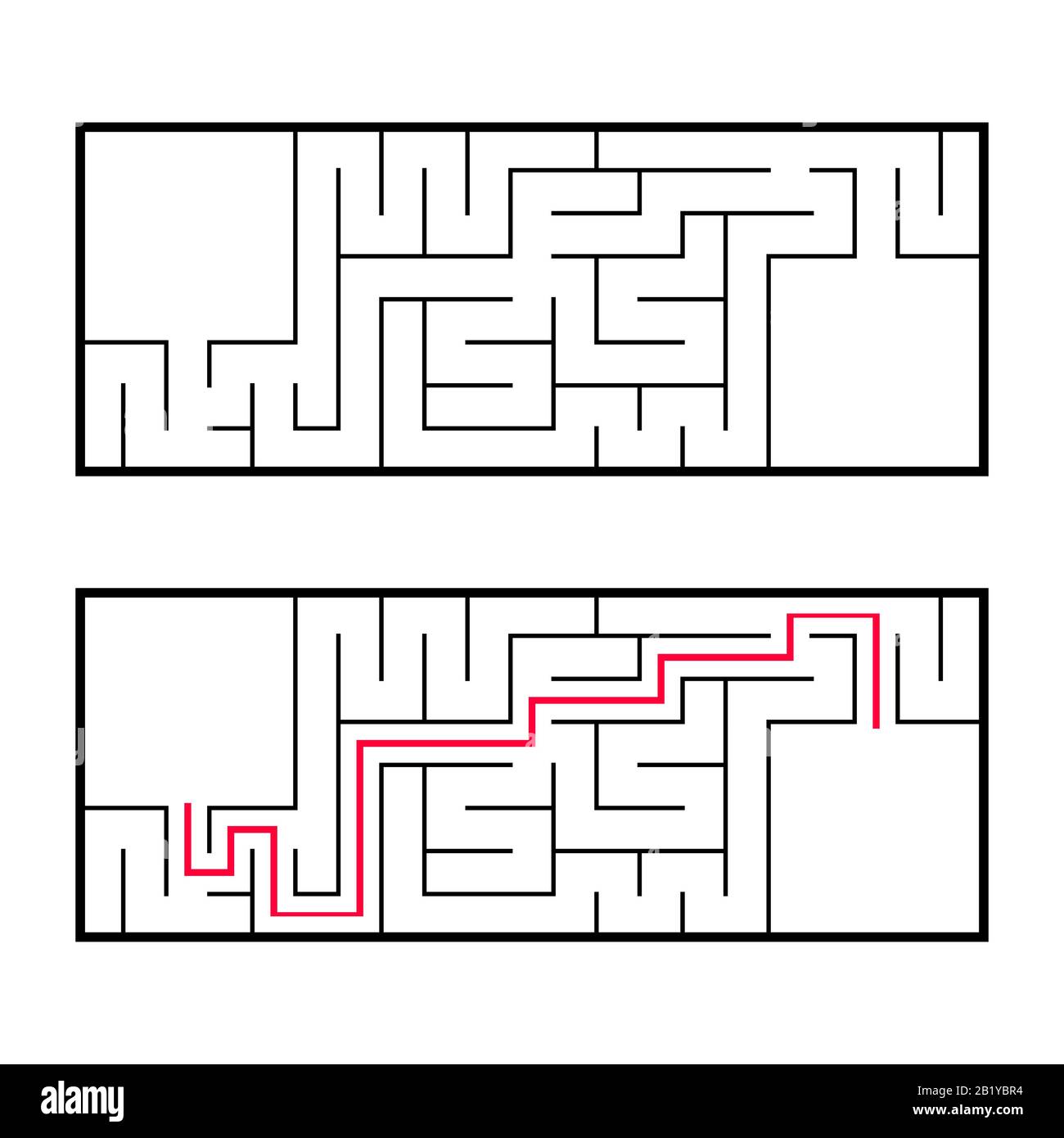 Labirinto rettangolare, labirinto. Un gioco interessante e utile per i preschoolers. Un semplice gioco di puzzle. Semplice illustrazione vettoriale piatta isolata su bianco b. Illustrazione Vettoriale